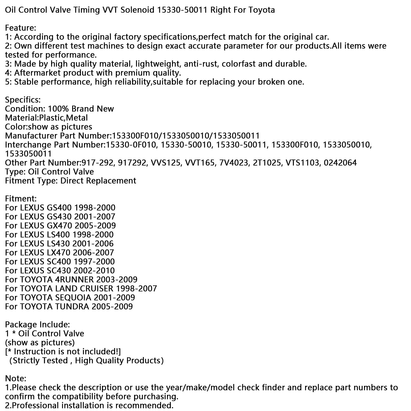 Regelmagneetventiel'VVT Olie 15330-50011 Juist voor Toyota