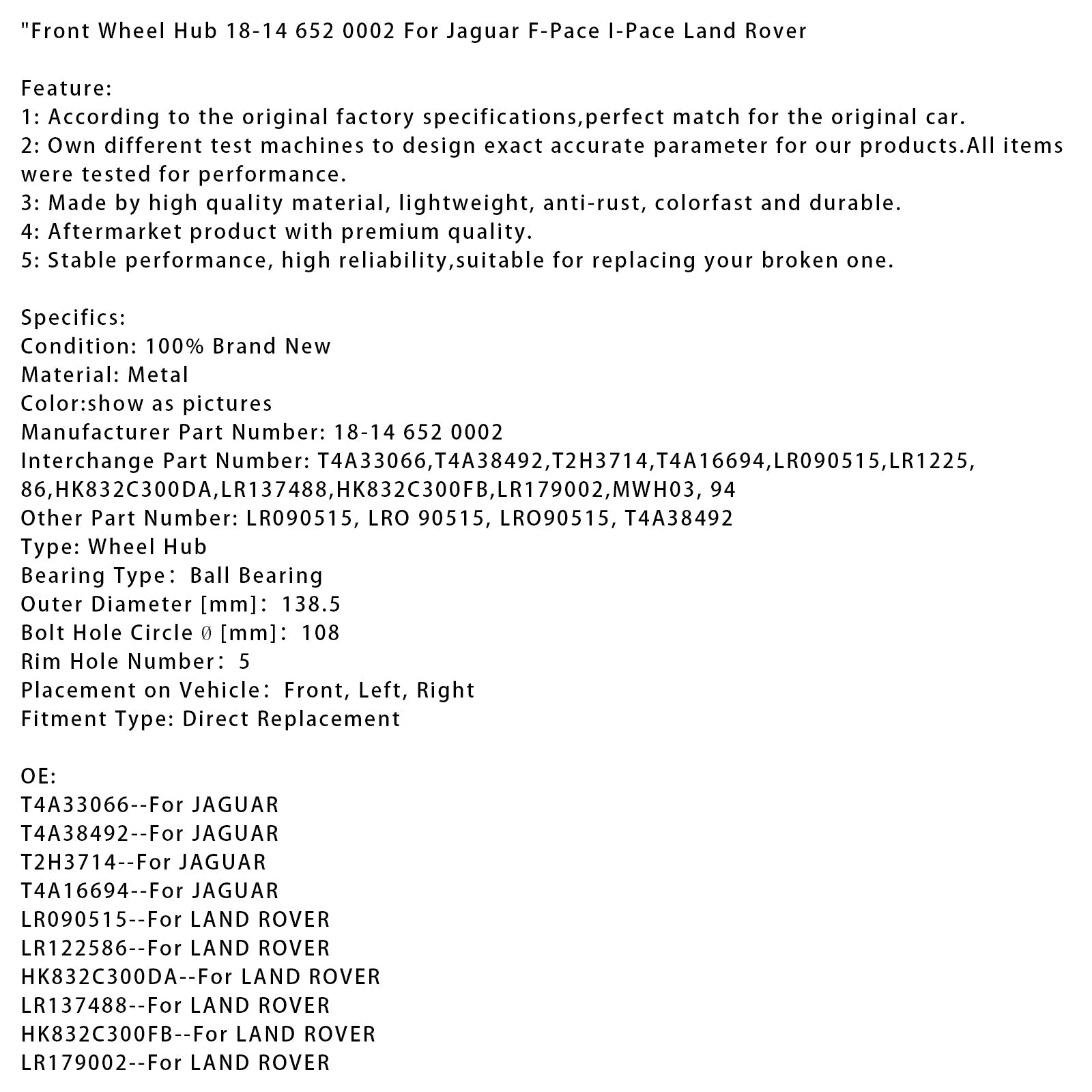 Buje de rueda delantera 18-14 652 0002 para Jaguar F-Pace I-Pace Land Rover