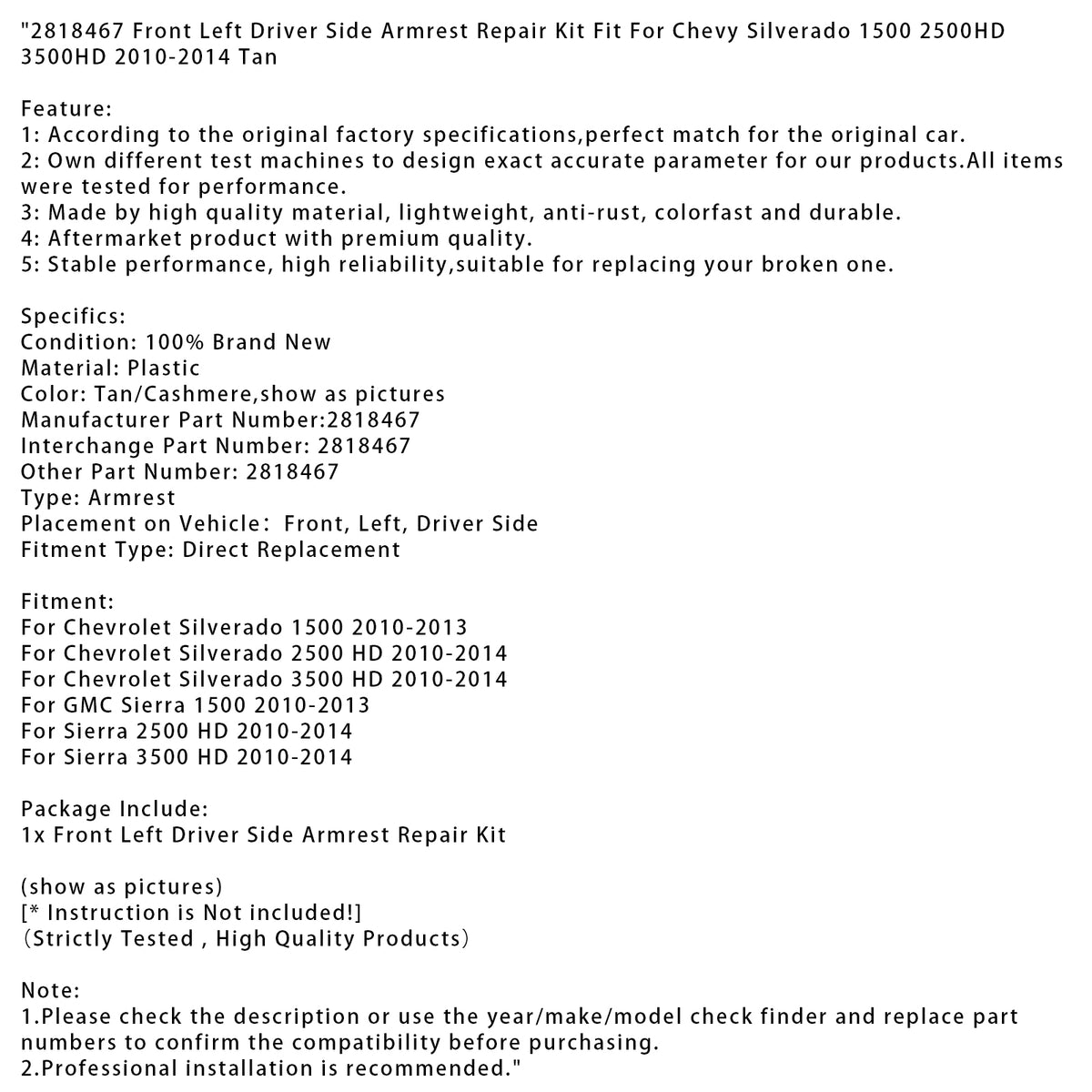 Vasen etukäsinojan korjaussarja, yhteensopiva Chevy Silverado 1500 2500HD 3500HD 10-2014 kanssa
