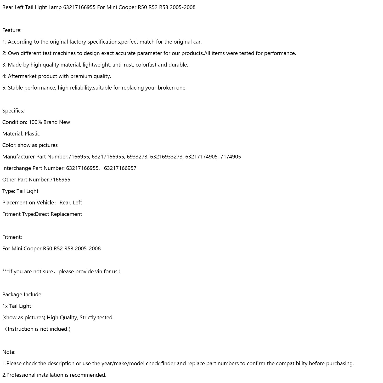 Achter links achterlichtlamp 632171666955 voor Mini Cooper R52 R53 2005-2008