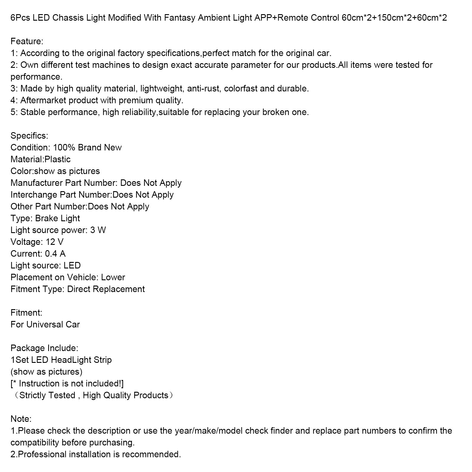 Juego de 6 luces LED para chasis, con controlador'Aplicación Luz Ambiental Fantasía (60 cm x 2 + 150 cm x 2 + 60 cm x 2)