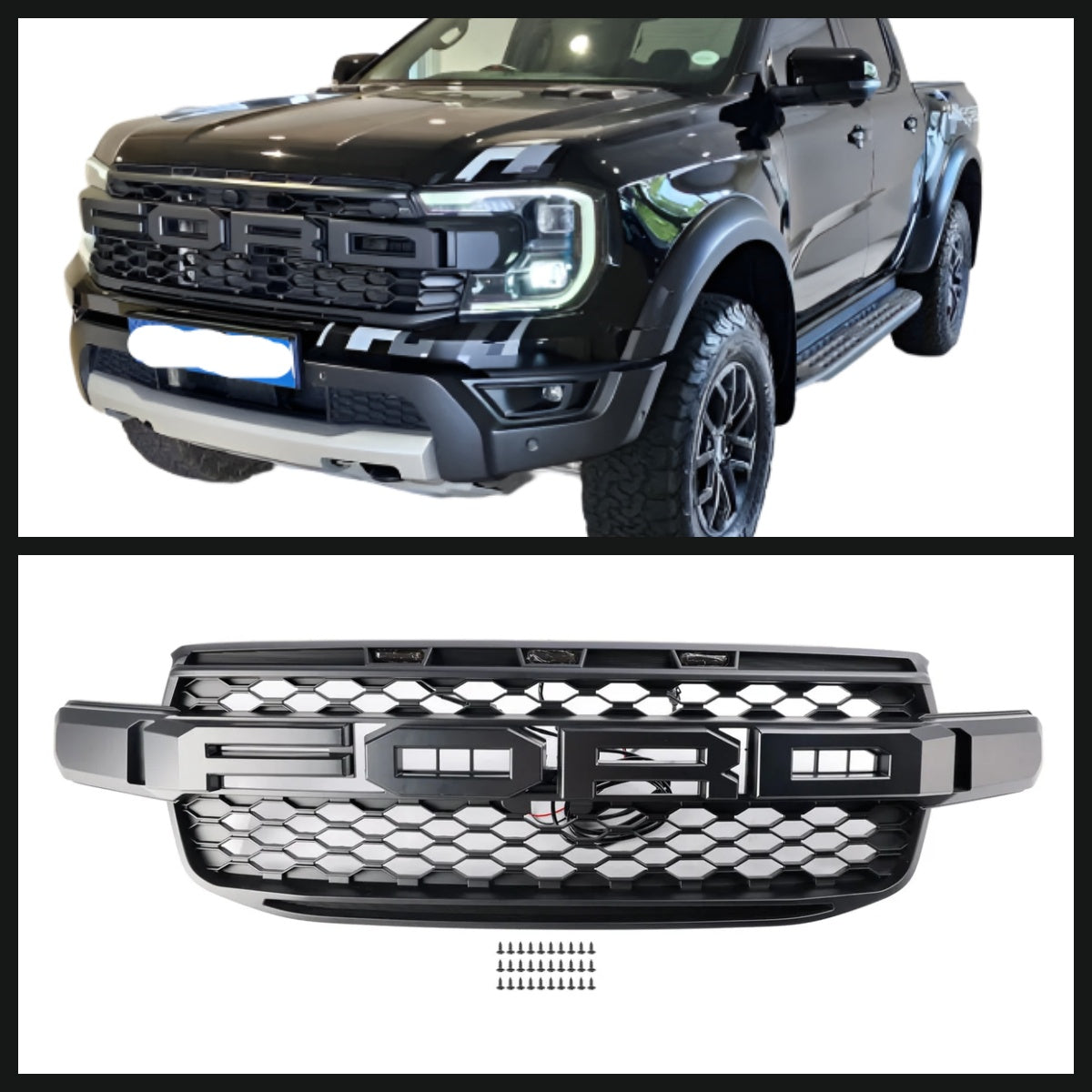 Grid delantero negro Ford Ranger Wildtrak 2023-2024 T9 con iluminación blanca y logotipo de Ford