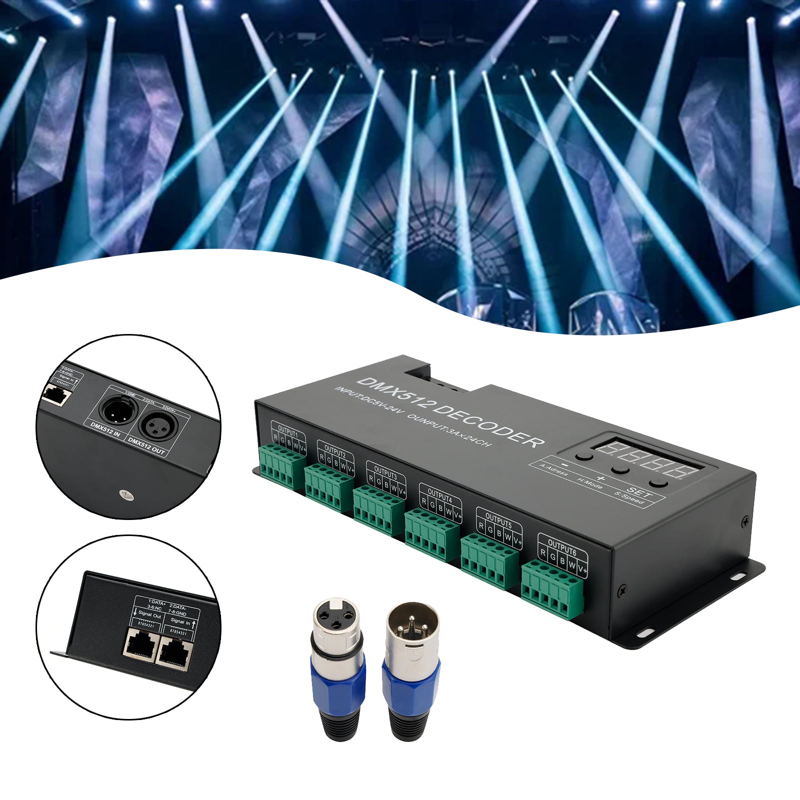 24 canales RGBW PWM DMX 512 decodificador atenuador controlador de luz de tira LED