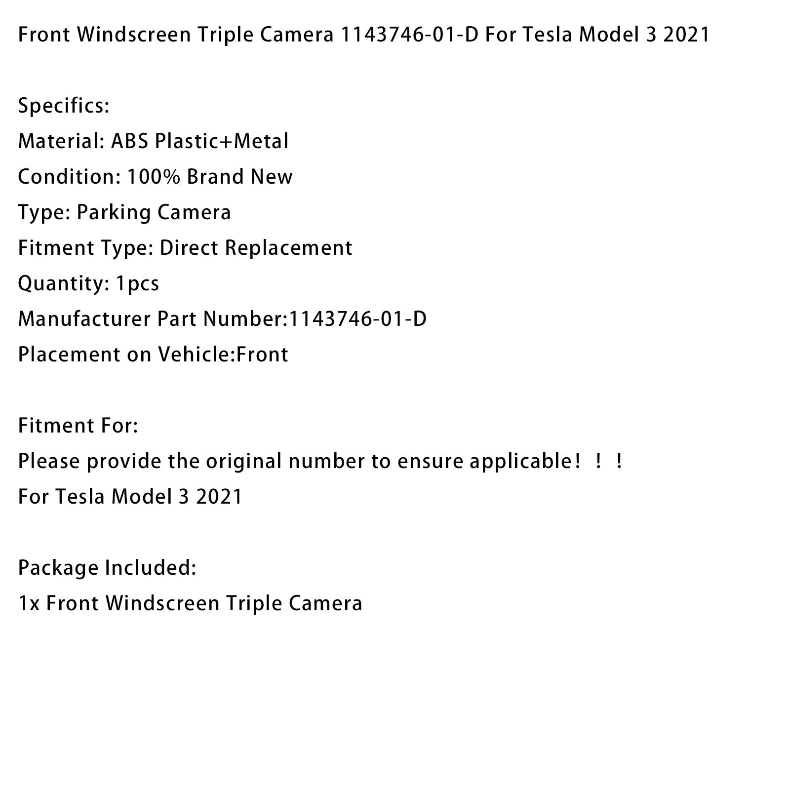 Caméra triple pour pare-brise avant Tesla Model 3 2021 1143746-01-D