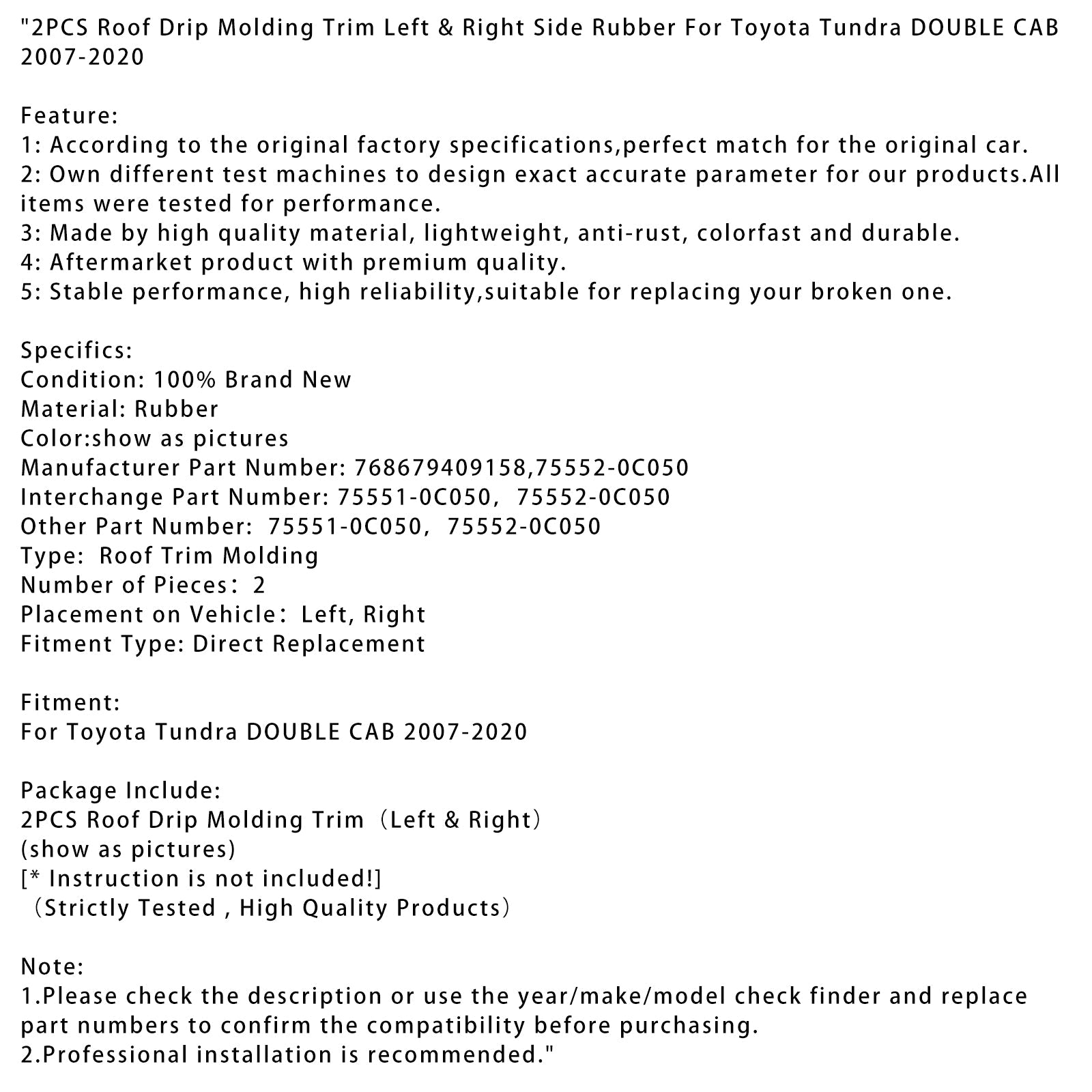 Gumijasta strešna oblikovanja za Toyota Tundra Double Cab 2007-2020, 2 sobi, levi in desni strani