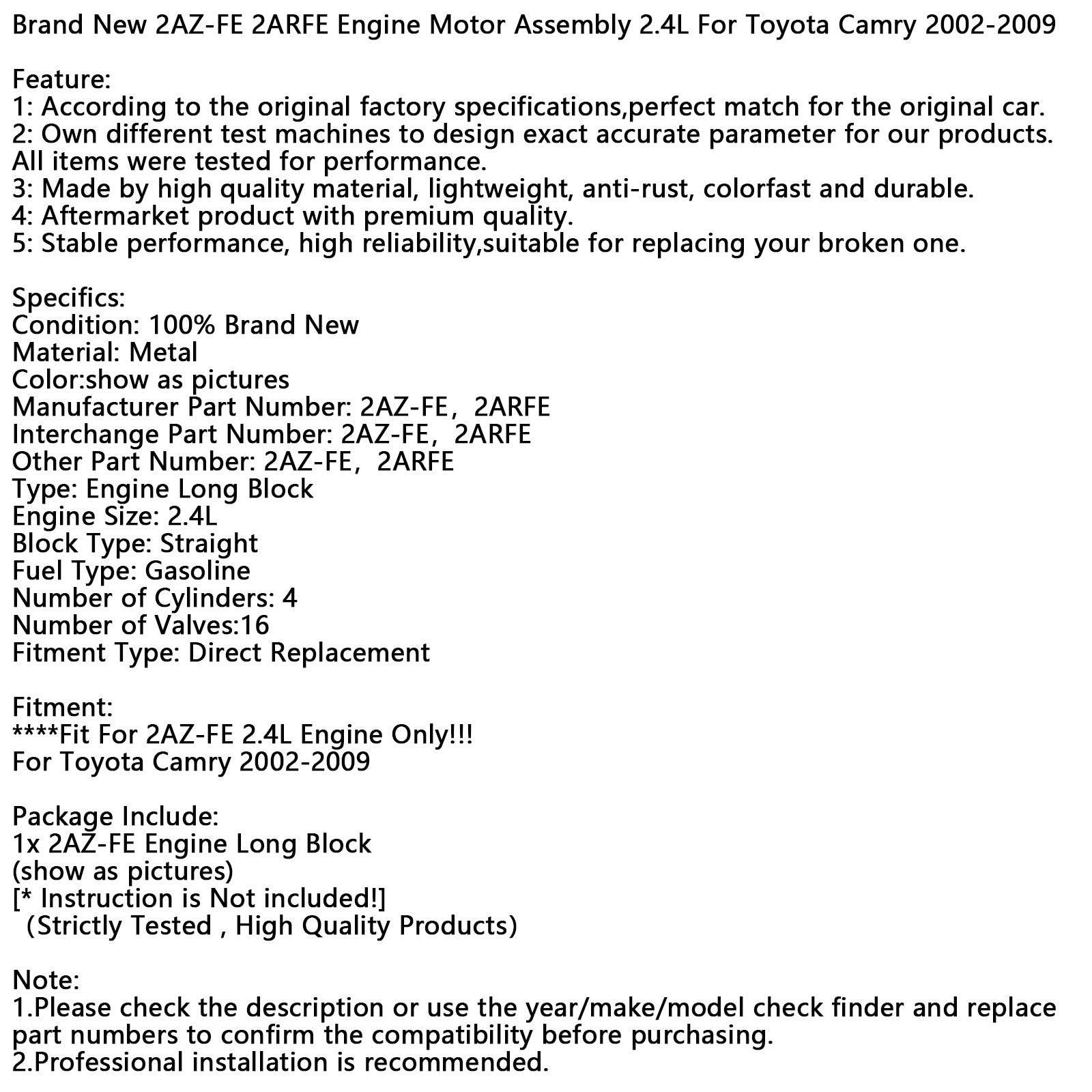 Nuovo motore 2AZ-FE 2ARFE 2.4L per Toyota Camry 2002-2009