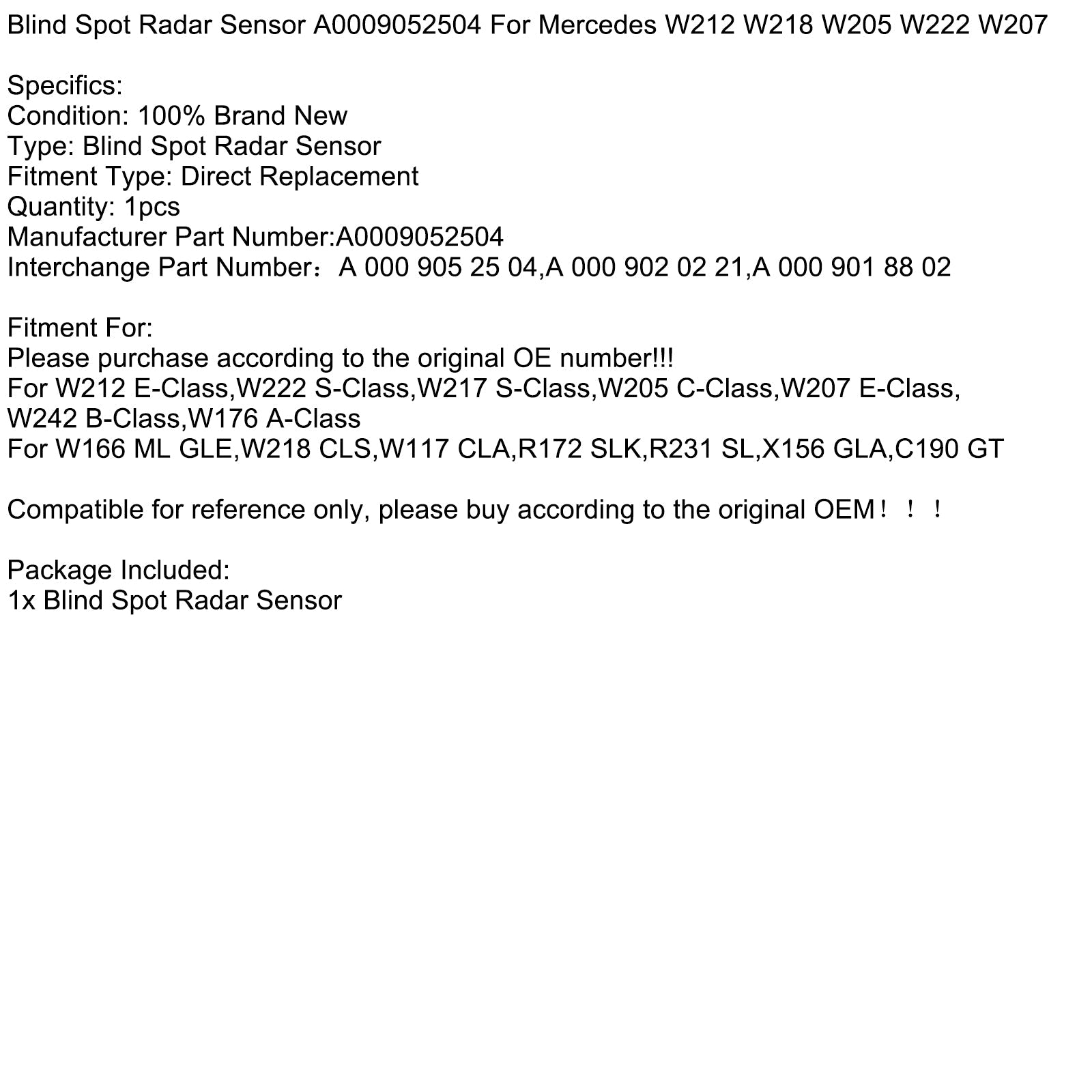 Sensore radar d&Punto cieco della Mercedes W212 W218 W205 W222 W207 A0009052504