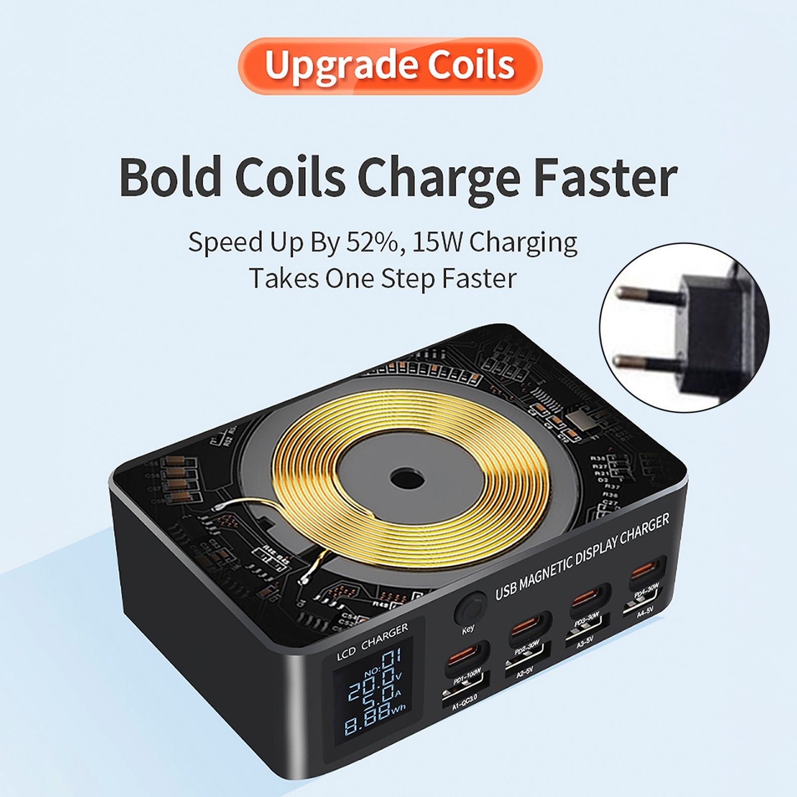 140 W snelle oplader, slim digitaal display PD100 W, voor mobiele telefoon, laptop, magnetische draadloze belasting, multiport USB -lader, EU -socket