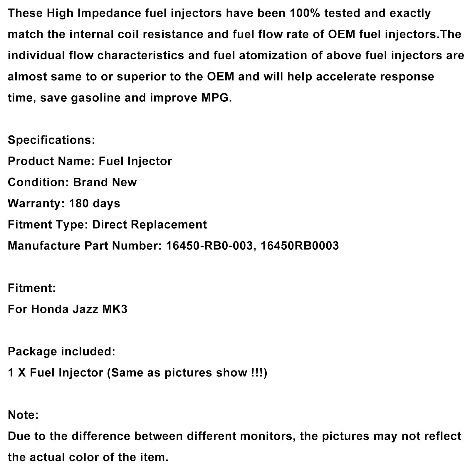Honda Jazz Mk3 Inyector de combustible 1 pieza 16450-RB0-003 16450RB0003