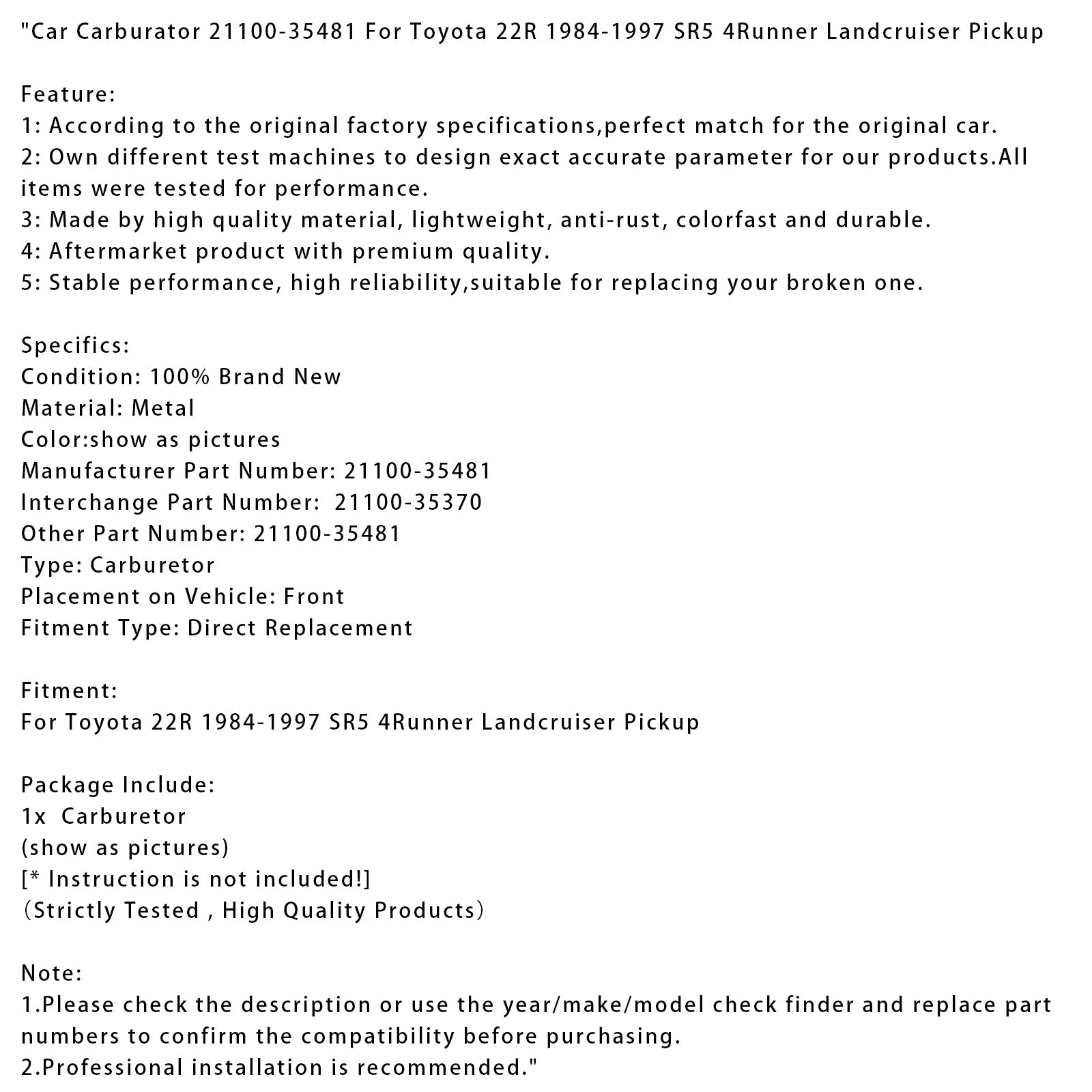 Carburatore 21100-35481 per Toyota 22R SR5 4Runner Landcruiser 1984-1997