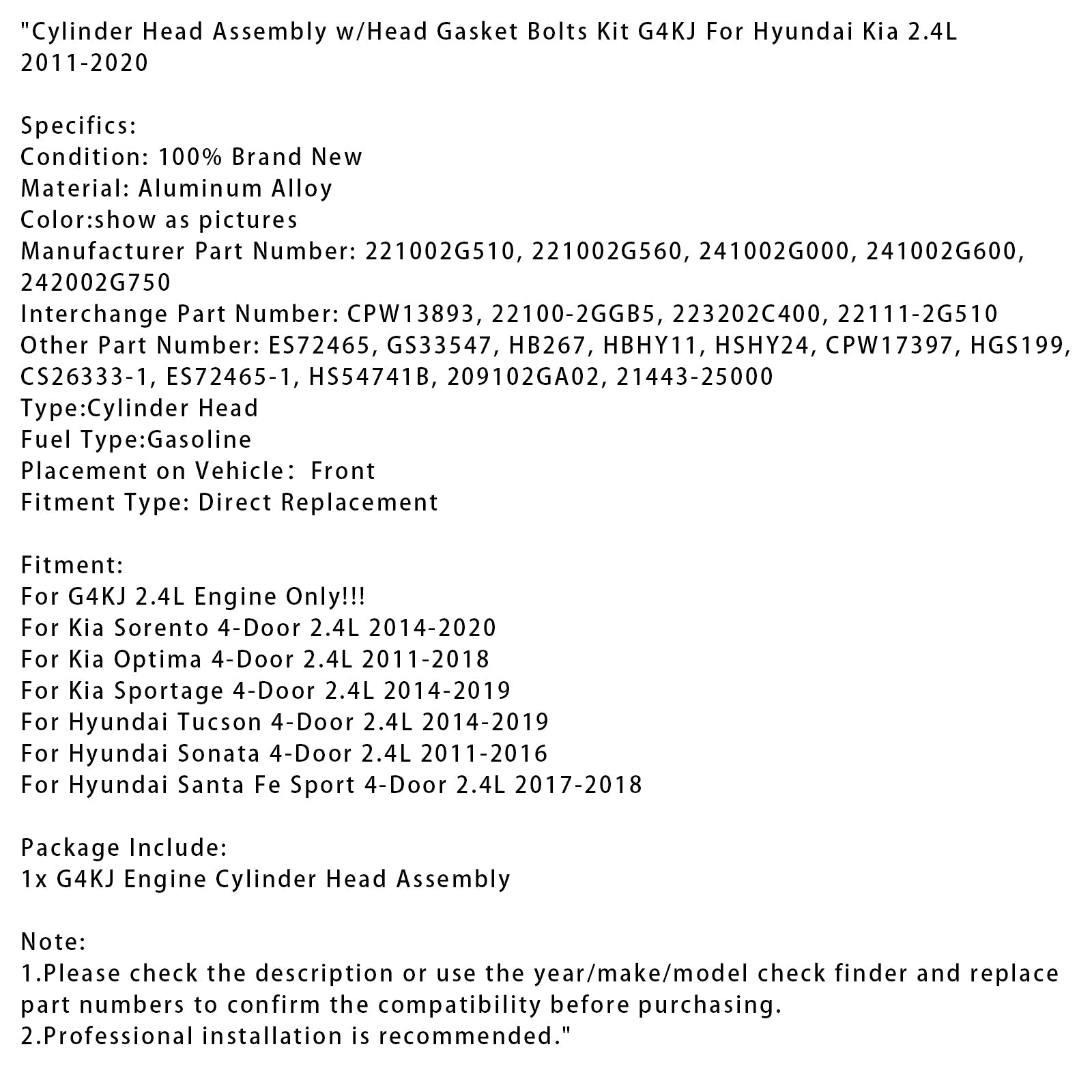 CAUP set s tesnilom in vijaki za glavo valja za Kia Sorento 4 vrata 2,4 L 2014-2020 G4KJ 221002G510