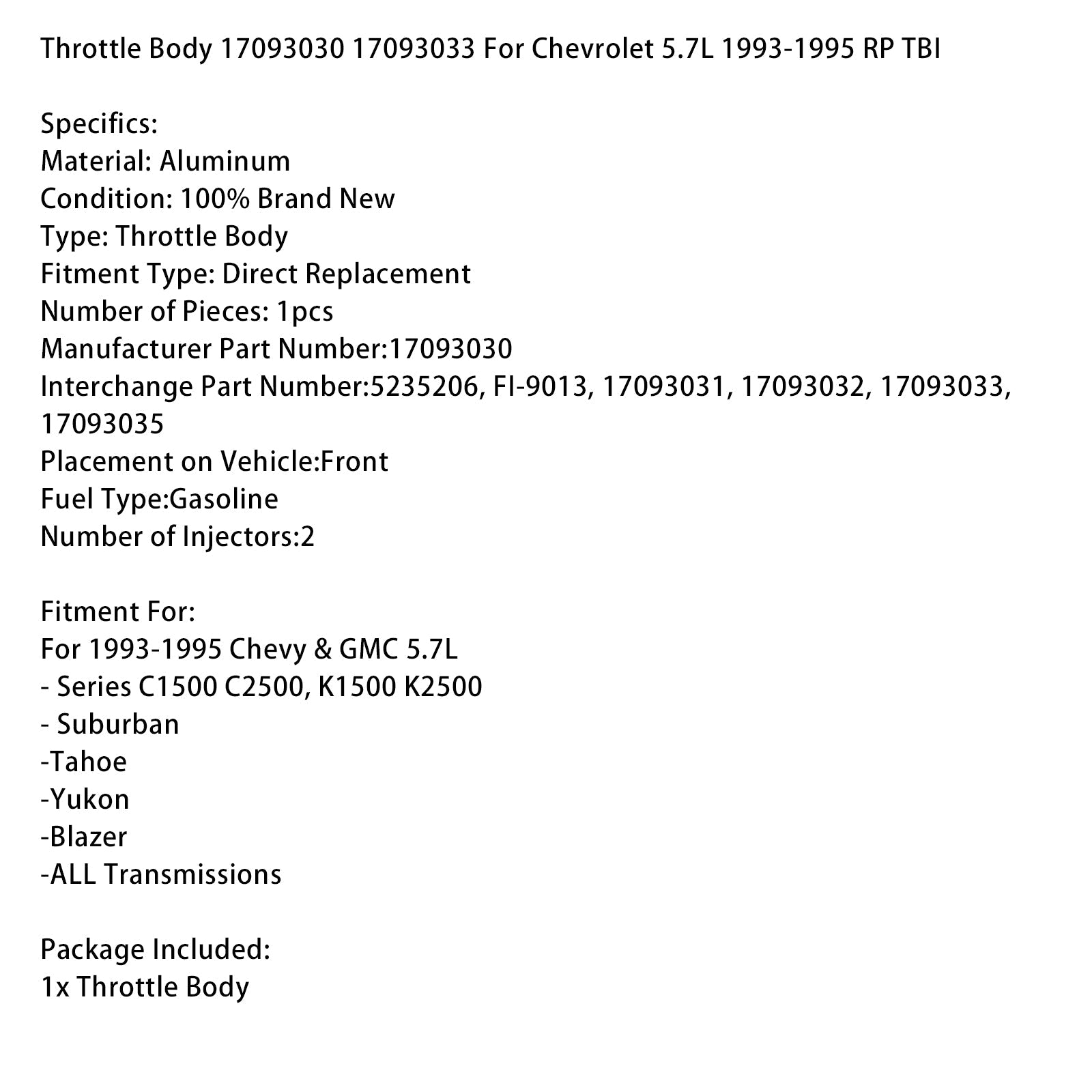 Korpus przepustnicy 17093030 17093033 dla chevroleta 5.7L 1993-1995 RP TBI