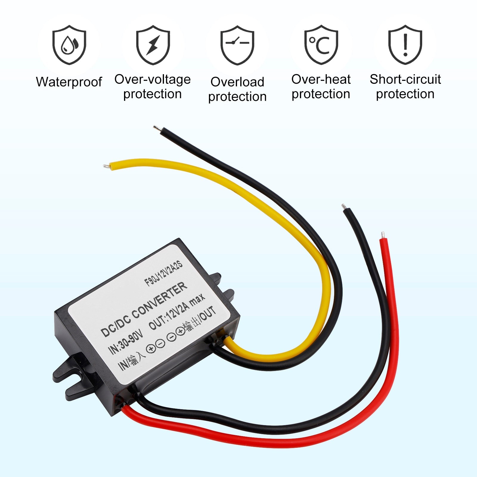 Convertisseur régulateur abaisseur d'alimentation étanche CC 30-90 V vers 12 V 2 A 24 W