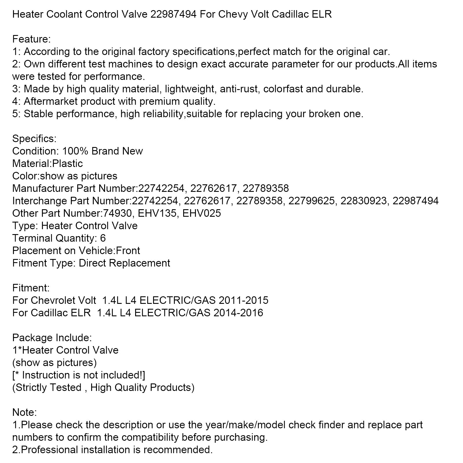 Válvula de control de refrigerante del calentador 22987494 para Chevy Volt Cadillac ELR
