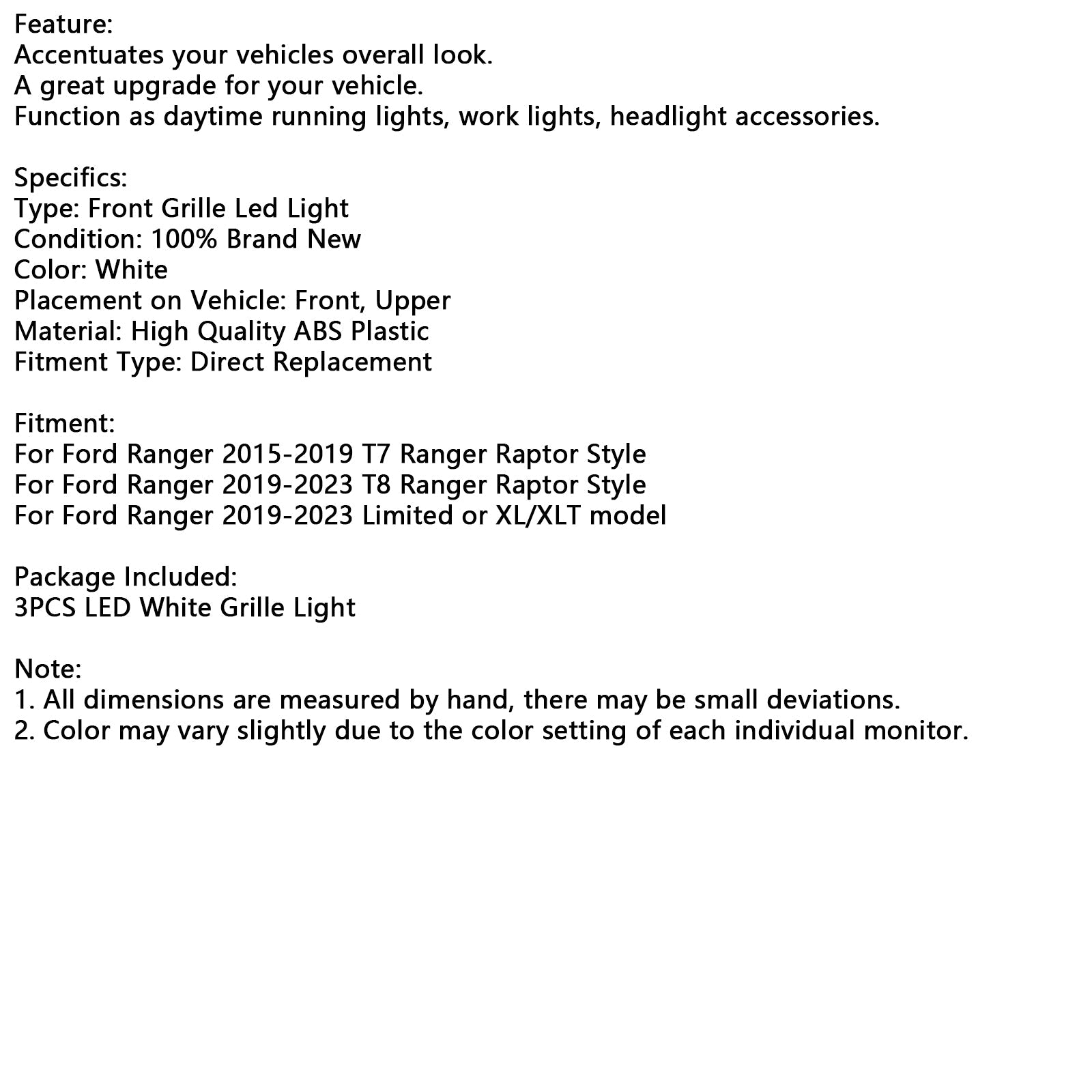 Ford Ranger T7 Ranger Raptor 2015-2019 tyylinen etupuskurin säleikkö valkoisella LED-valolla