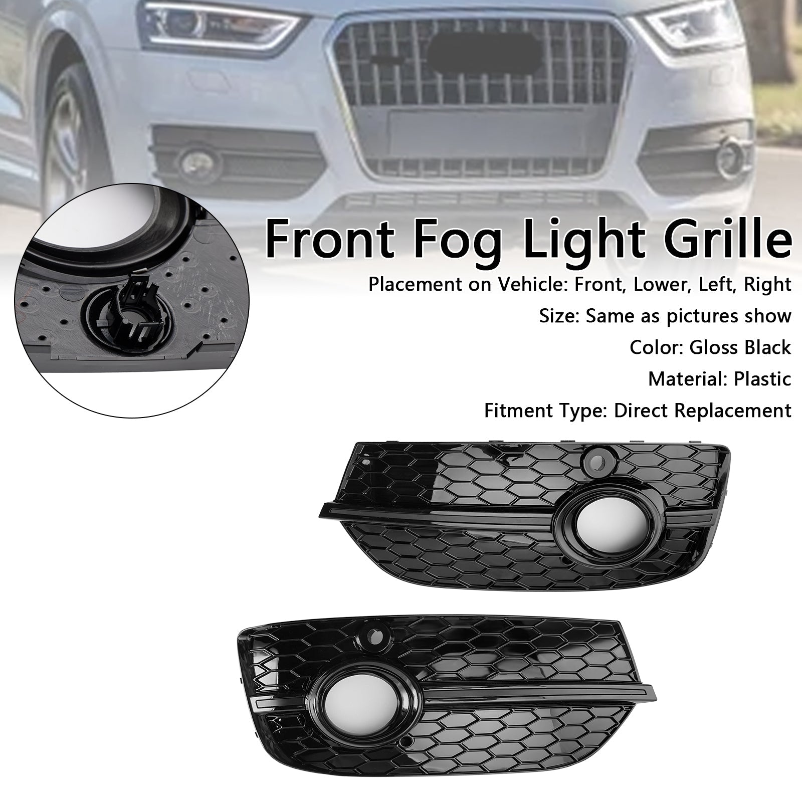 Caches de phares antibrouillard avant style nid d'abeille pour Audi Q3 RSQ3 2013-2015, noir brillant
