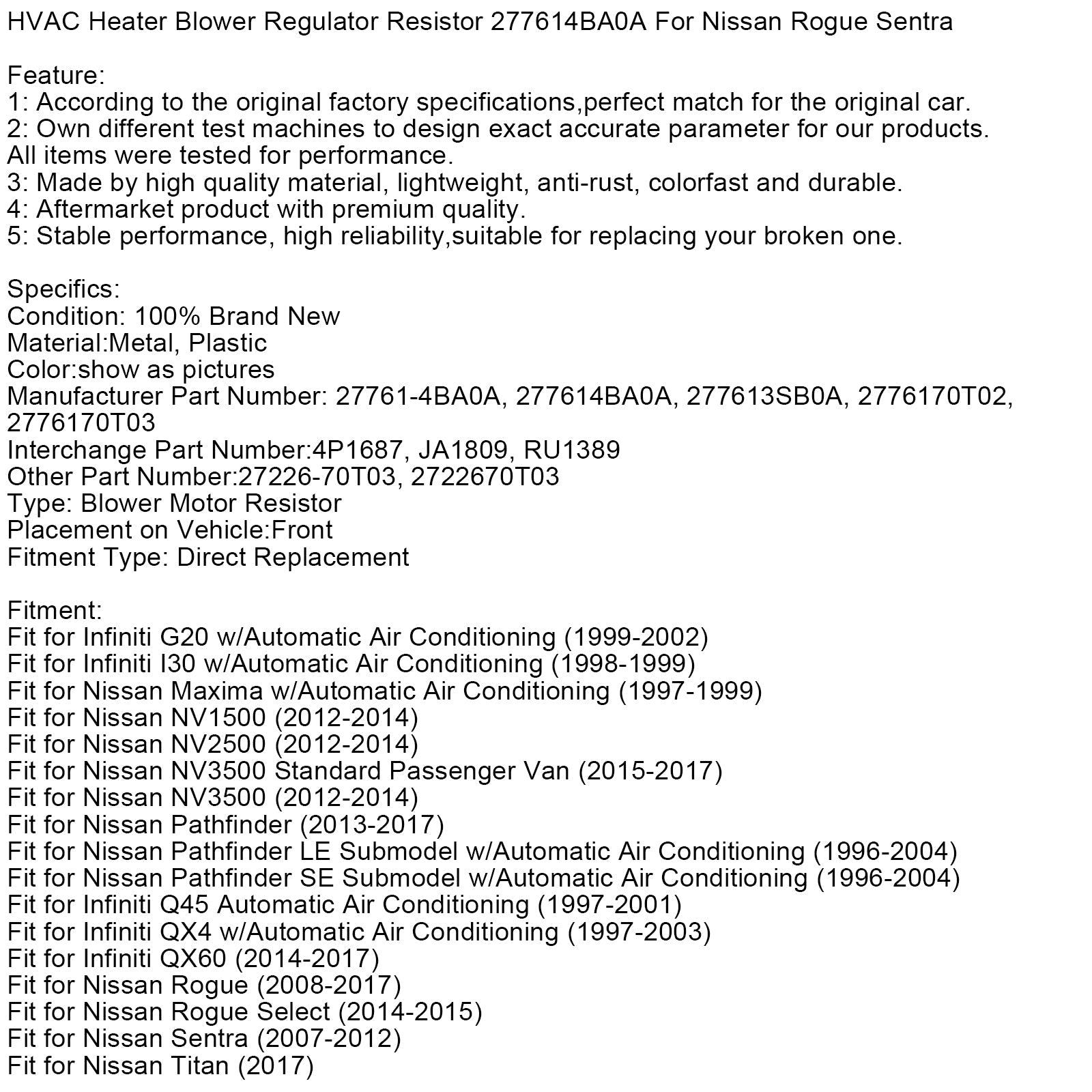 Rezystor regulatora dmuchawy nagrzewnicy/klimatyzacji 277614BA0A dla Nissan Rogue Sentra