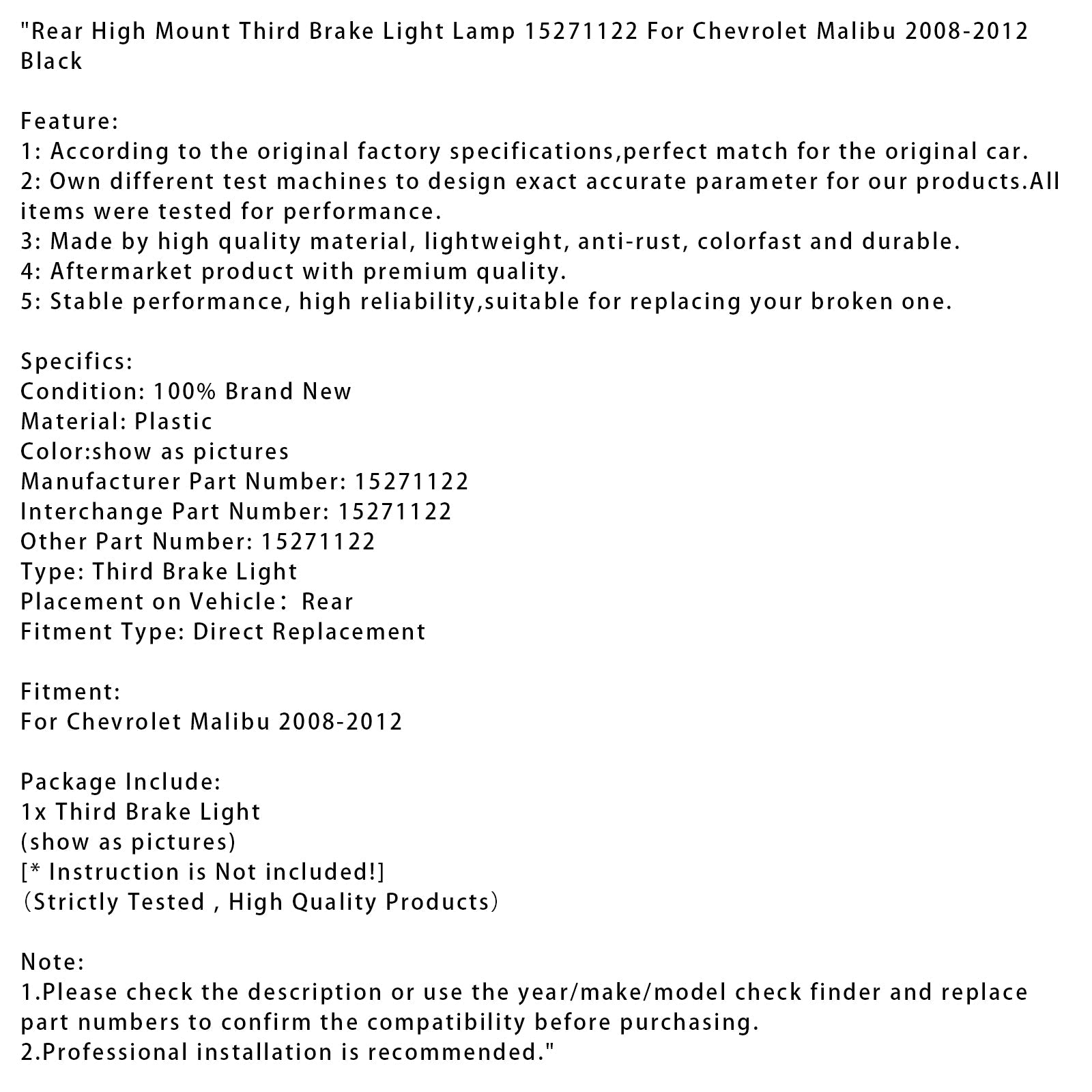 Terza terza luce freno posteriore nera con montaggio alto per Chevrolet Malibu 2008-2012