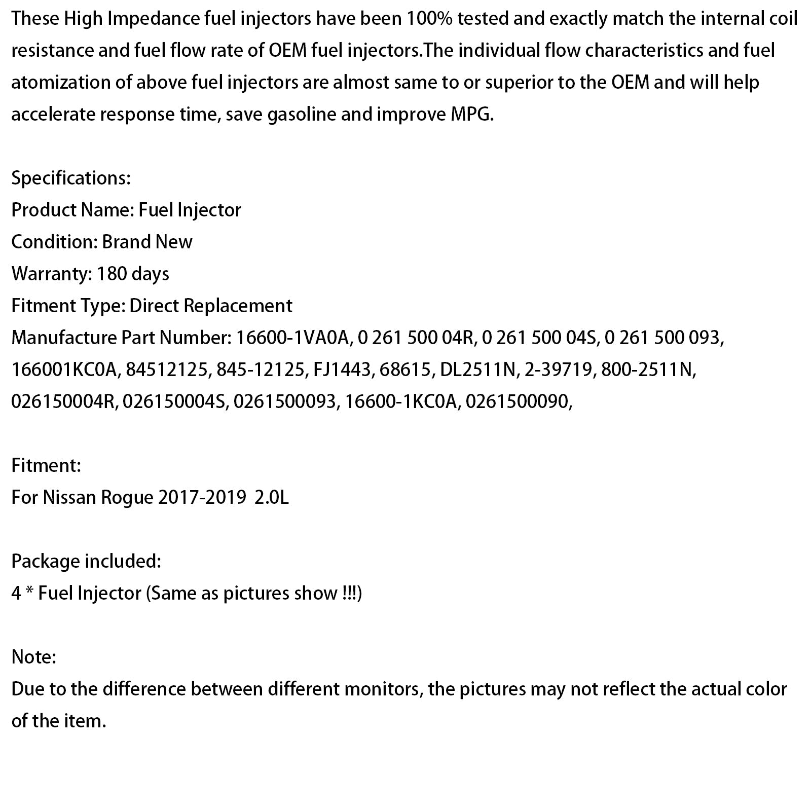 Iniettore di carburante a 4 pezzi 0261500090 16600-1VA0A per Nissan Rogue 2.0L 2017-2019