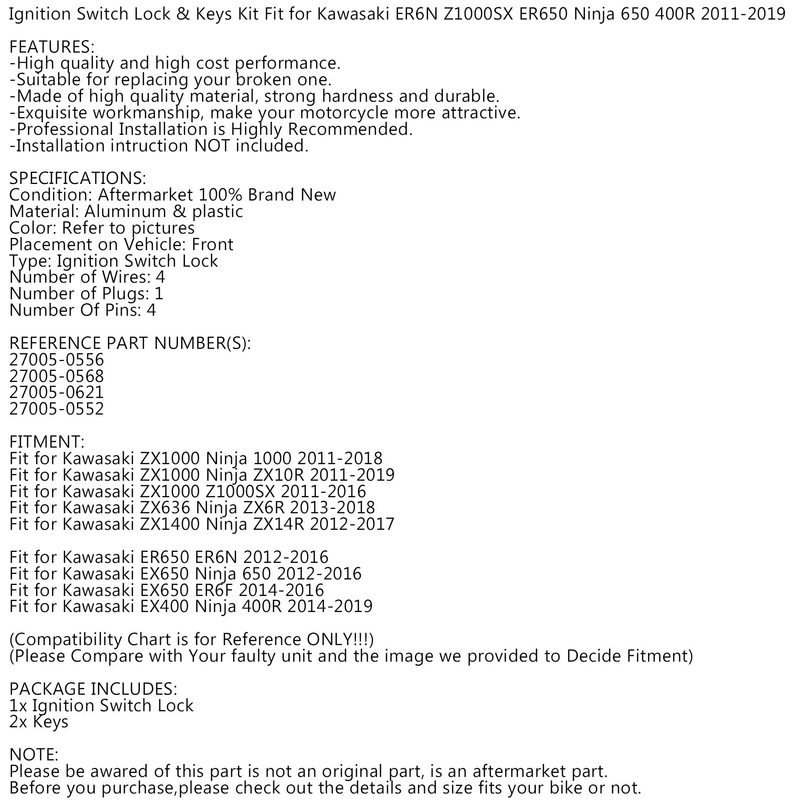 Kit Accensione con Chiave per Kawasaki ZX 636 1000 EX650 Ninja 400 Z1000SX 11-19