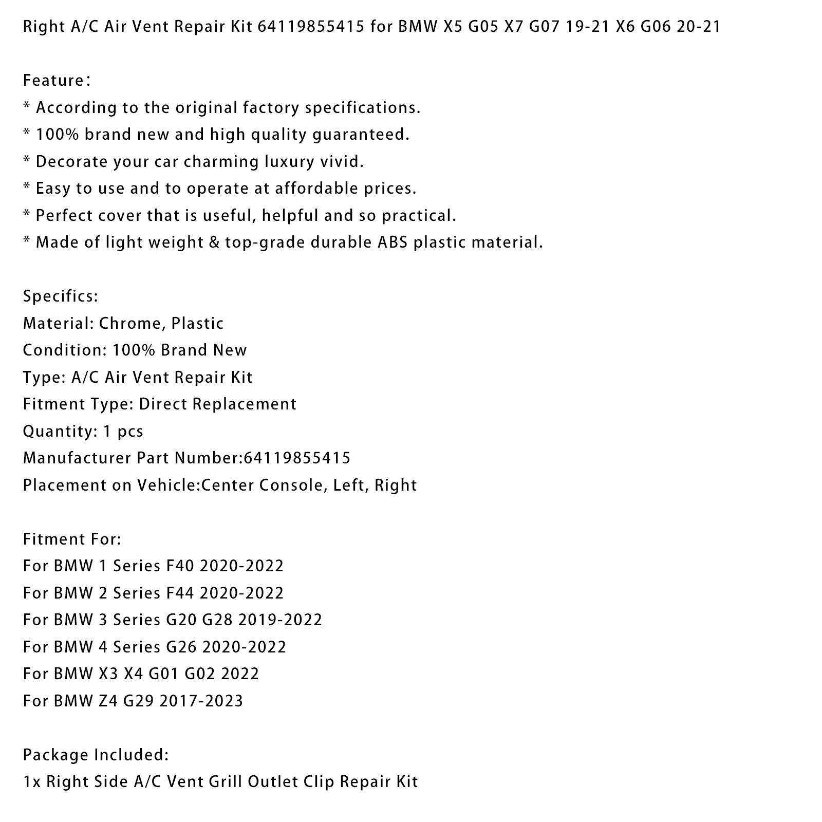 Kit de réparation de grille d'aération droite 64119855415 pour BMW X5 G05, X7 G07 (2019-2021) et X6 G06 (2020-2021)