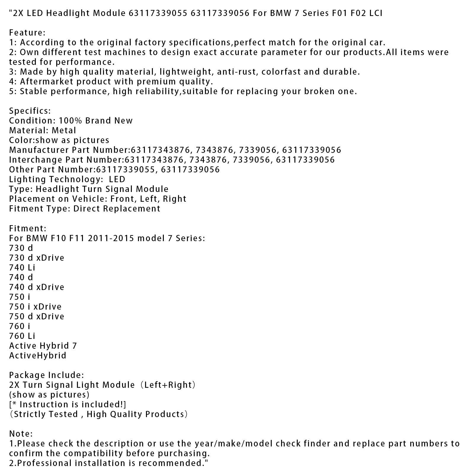 Lot de 2 modules de phares à LED 63117339055-56 pour BMW Série 7 F01 F02 LCI