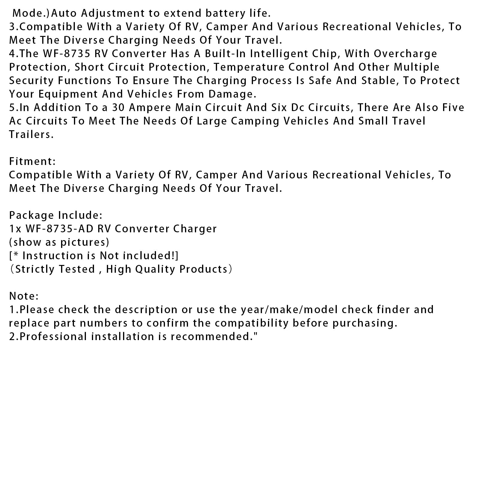 WF-8735-AD RV-omvormer/lader, 30 A, compatibel met laadstations'automatische stroomvoorziening en detectie van campers.