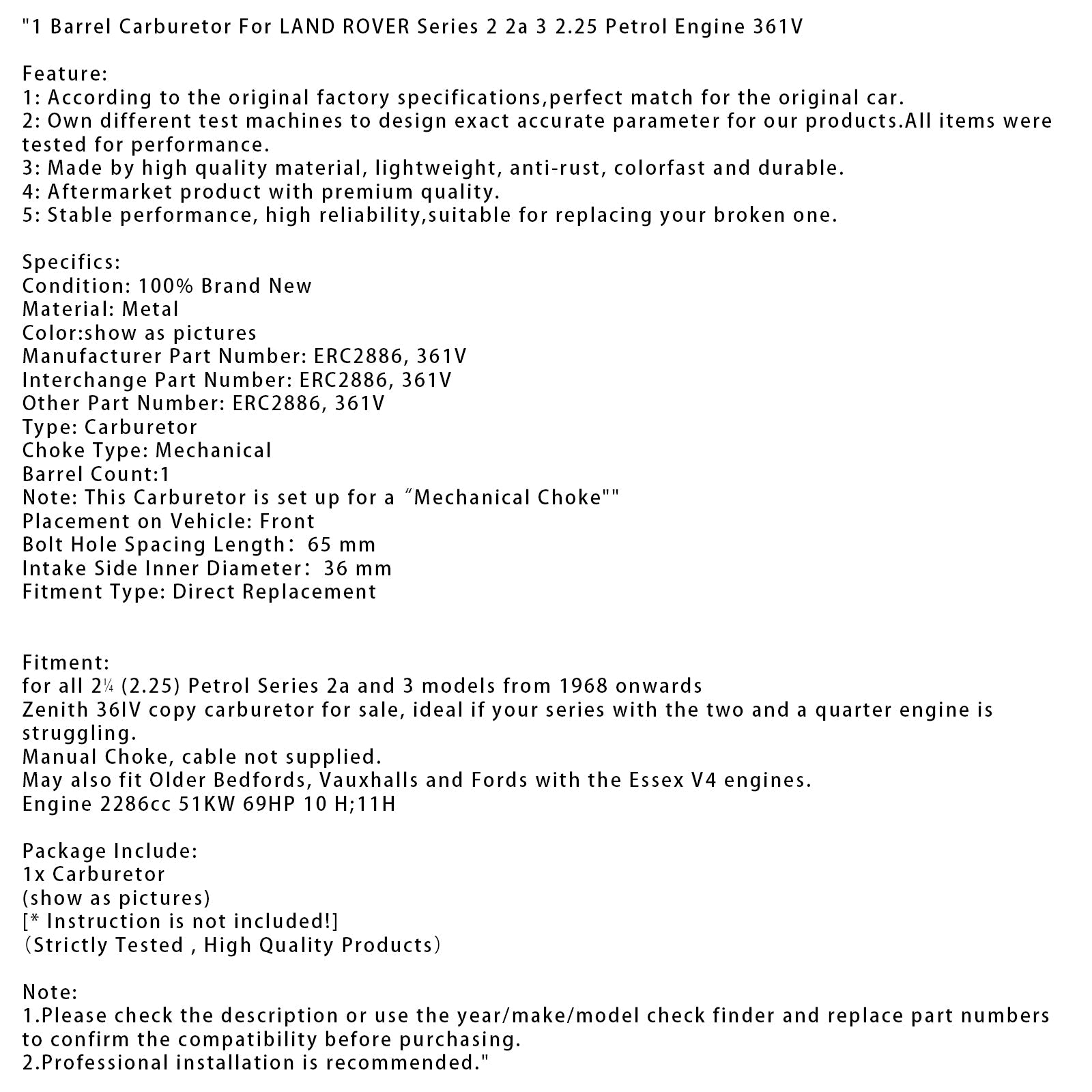 Carburatore ERC2886 per Land Rover Series 2A 3 - 69 CV, 2286cc, antipasto meccanico