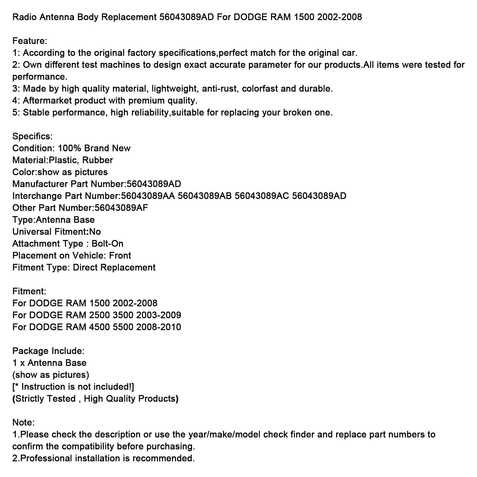 Antenne radio de remplacement 56043089AD pour DODGE RAM 1500 2002-2008