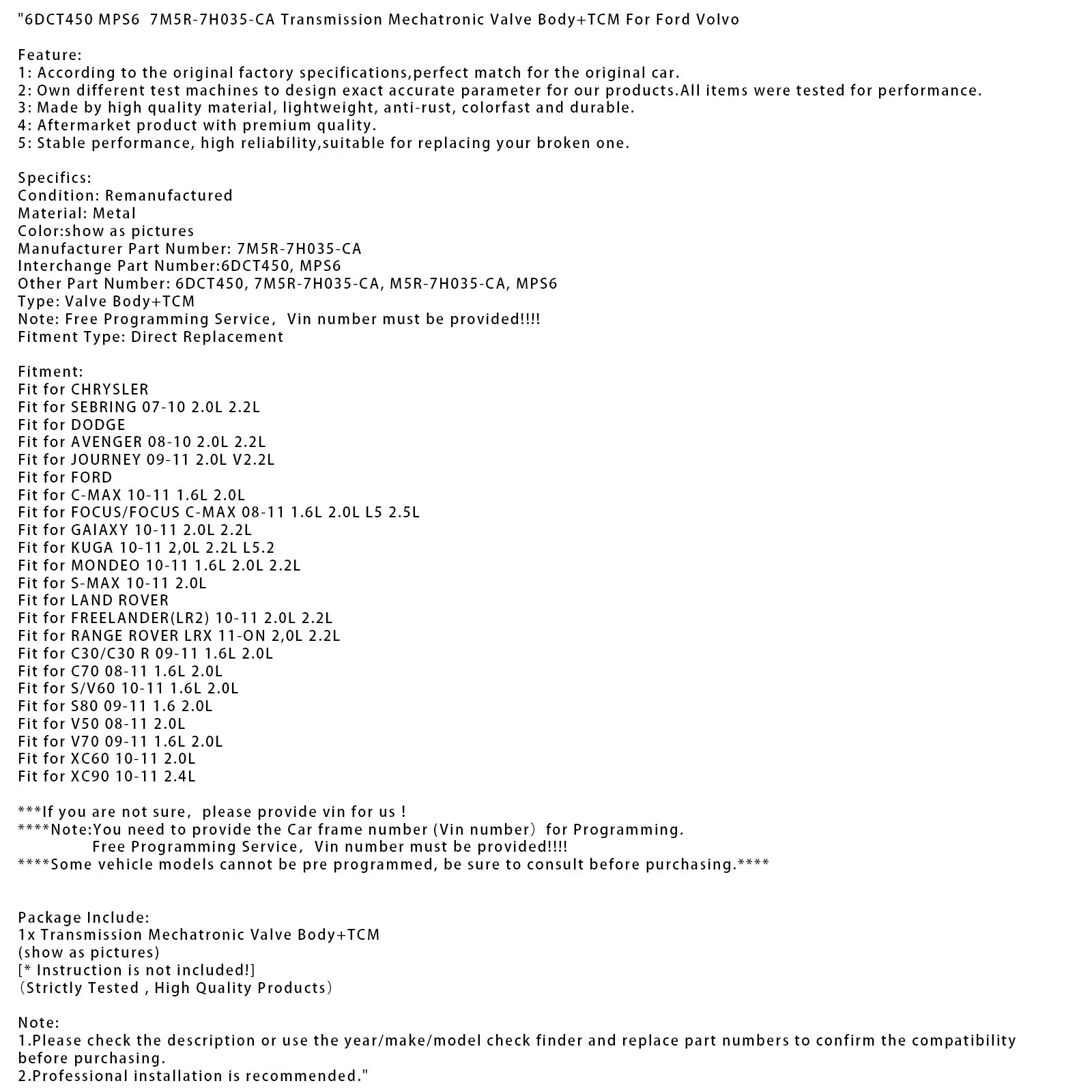 Dodge Journey 2.0L V2.2L 6DCT450 MPS6 7M5R-7H035-CA 2009-2011 Codice della valvola mecatronica + TCM