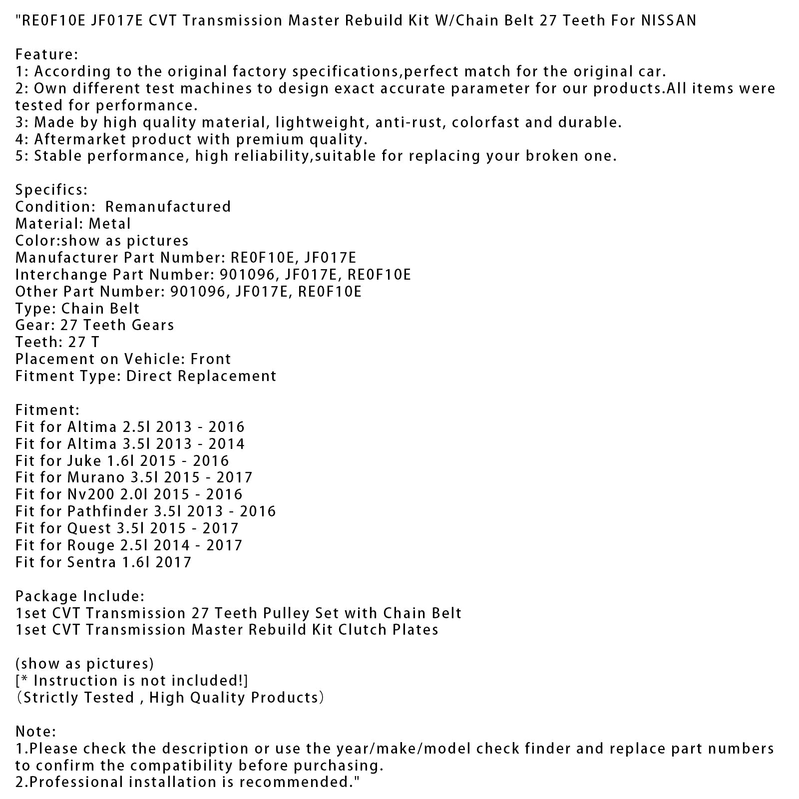 Complete CVT-transmissie-revisieset RE0F10E JF017E met 27-tands kettingriem voor Altima 3.5L 2013-2014