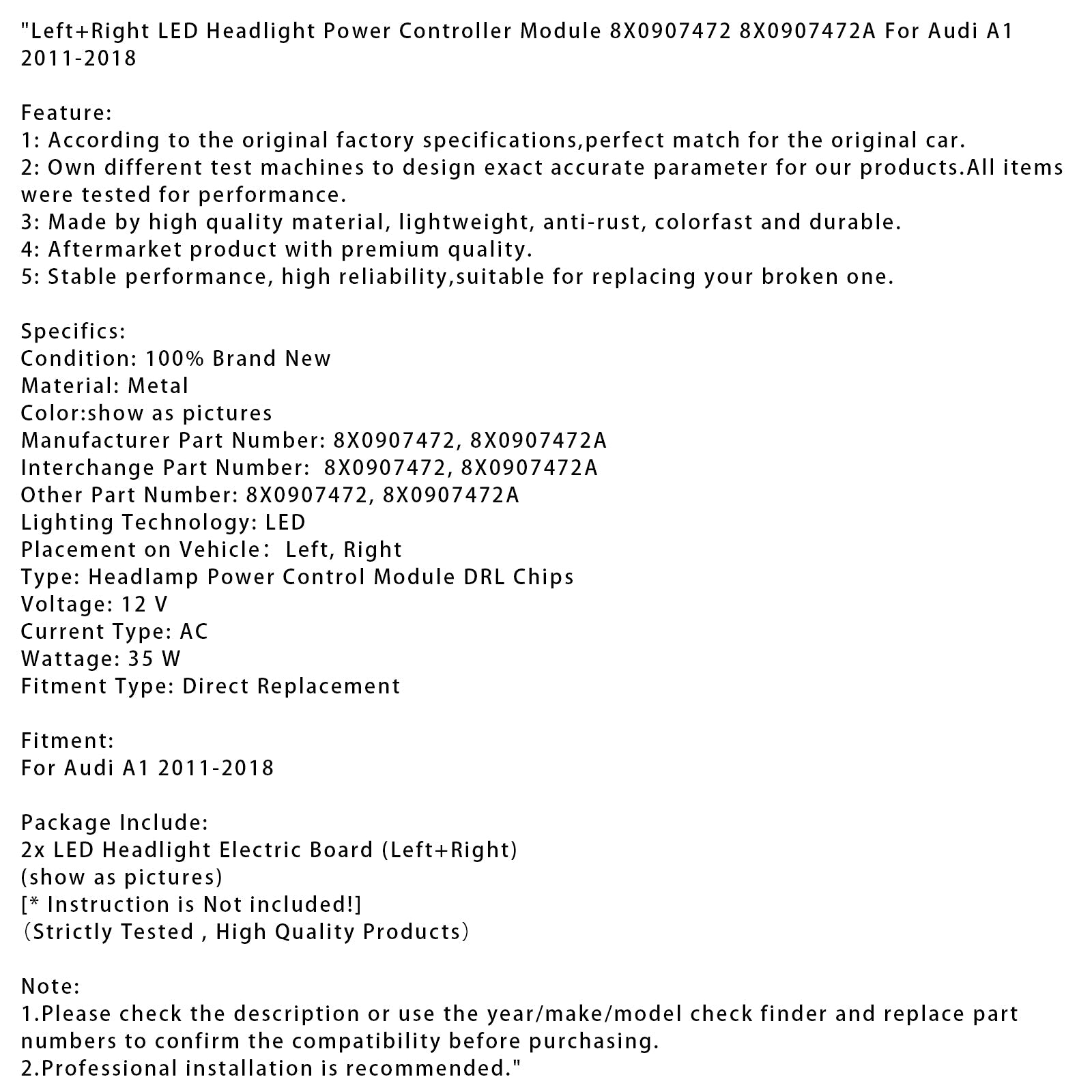 Moduł sterowania zasilaniem reflektorów LED lewych i prawych do Audi A1 (2011-2018) - Numer części : 8X0907472