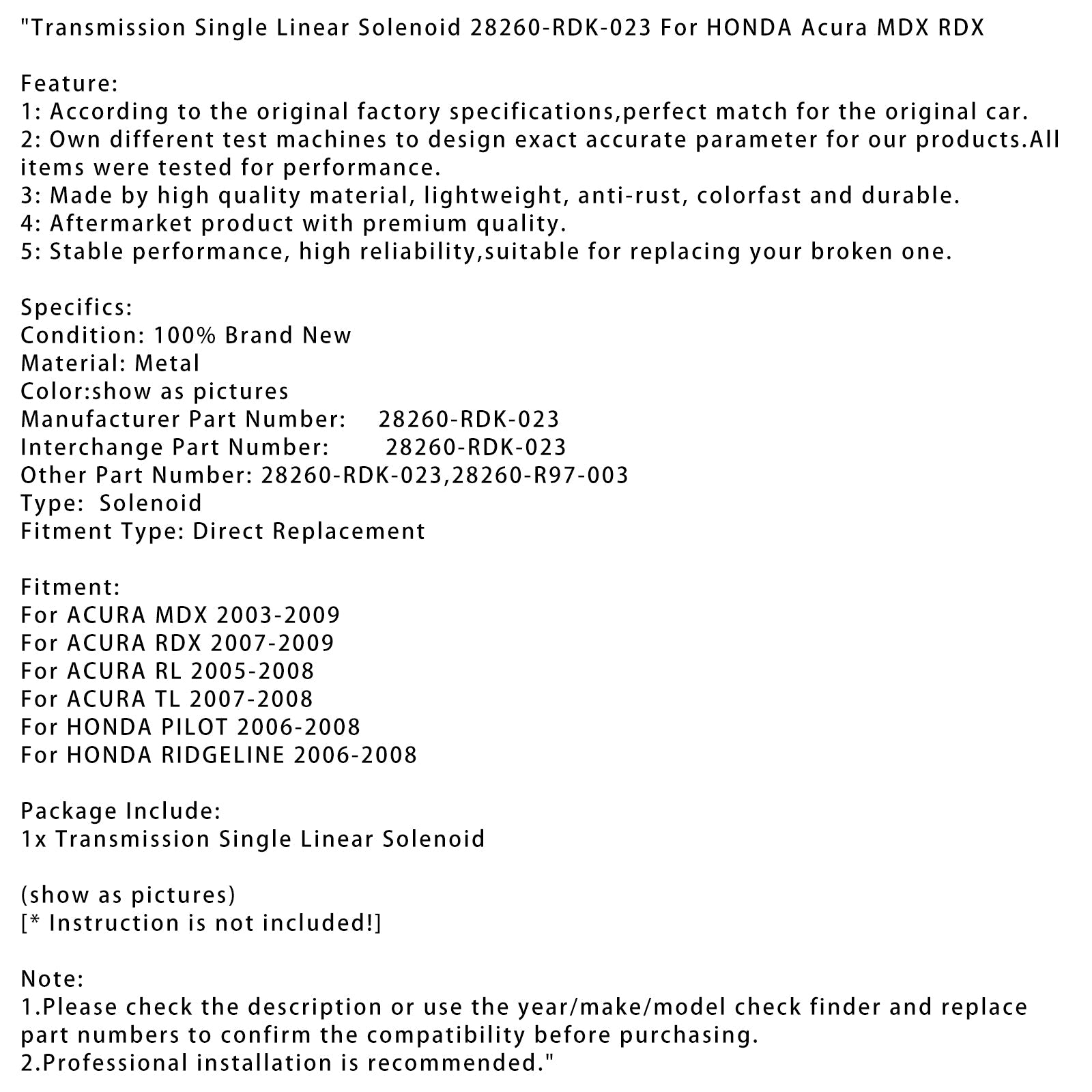 Skrzynia biegów Pojedynczy elektromagnes liniowy HONDA PILOT 2006-2008 28260-RDK-023 28260-R97-003