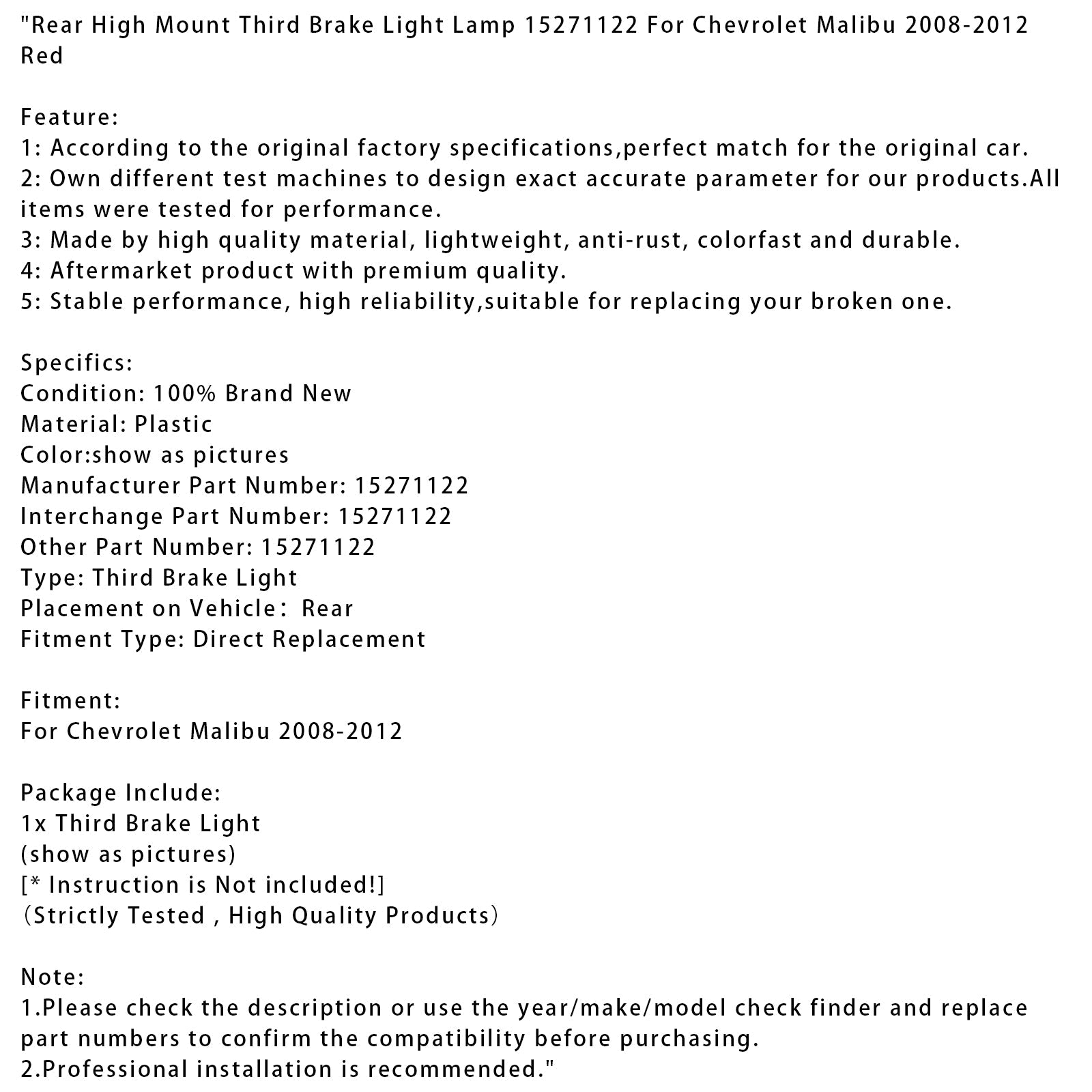 Troisième feu stop arrière surélevé rouge pour Chevrolet Malibu 2008-2012