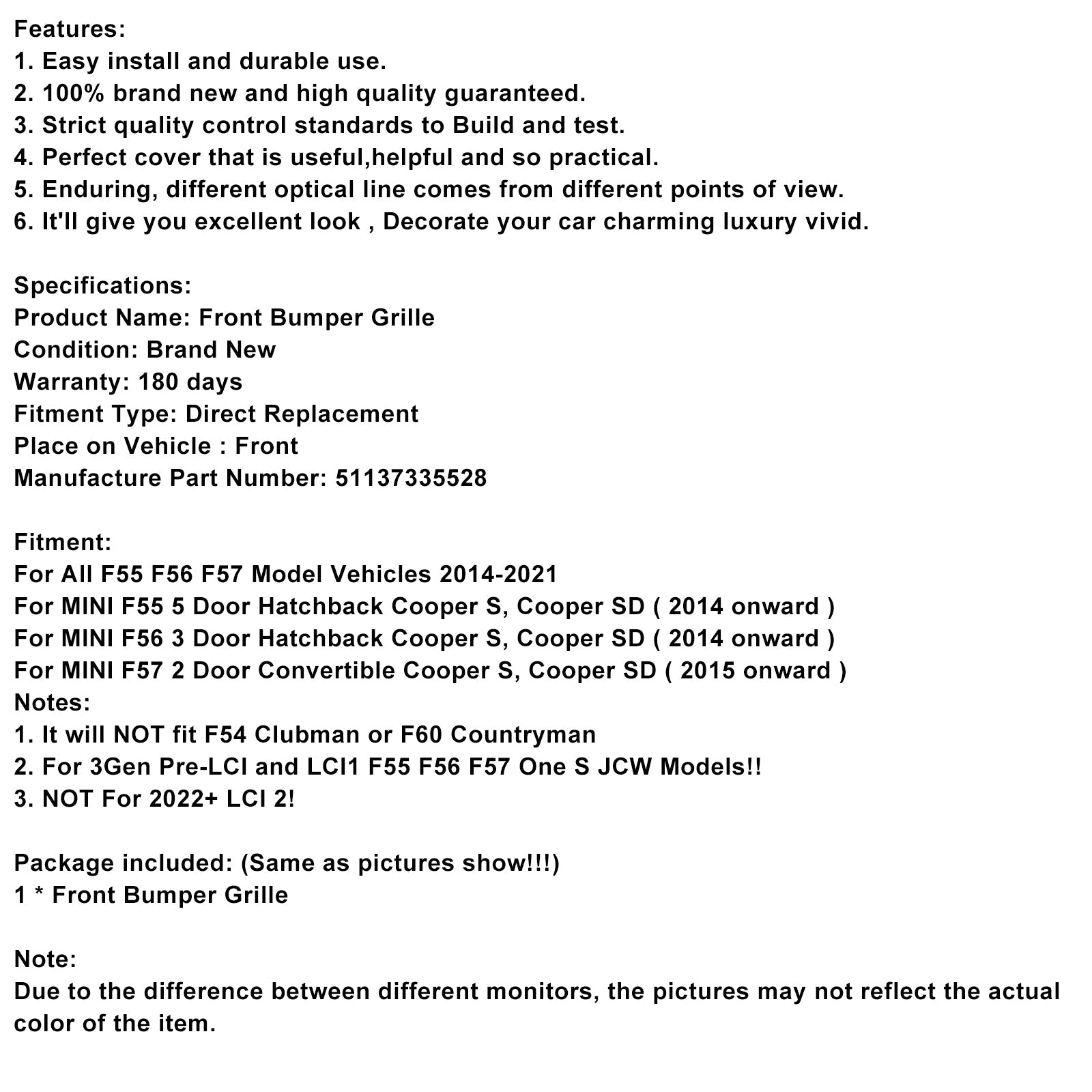 Calandre avant noire en maille pour MINI F56 3 portes à hayon Cooper S et Cooper SD à partir de 2014 51137335528