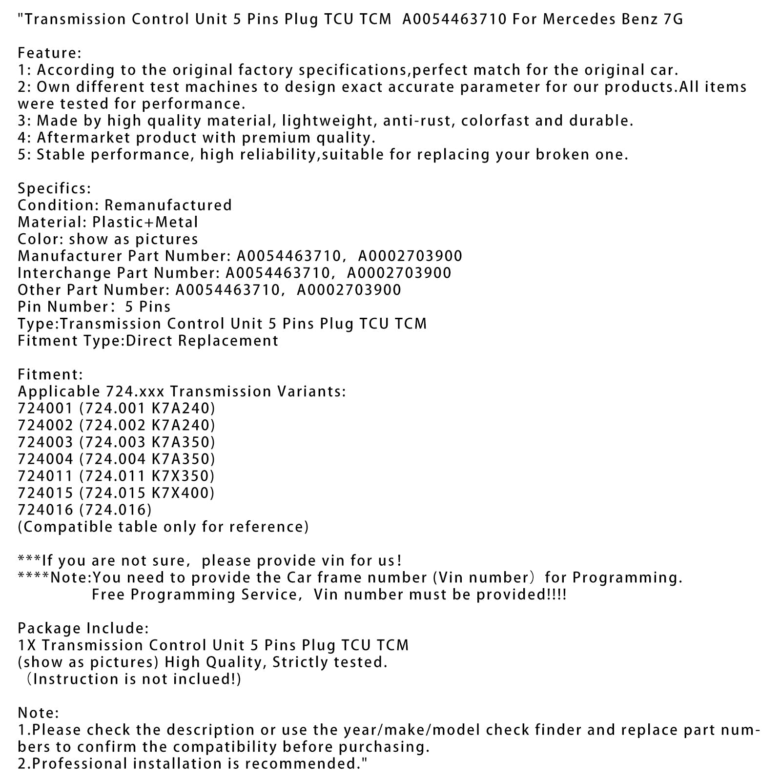 Unidad de control de transmisión Mercedes Benz 7G, TCM TCM A0054463710 Socador.
