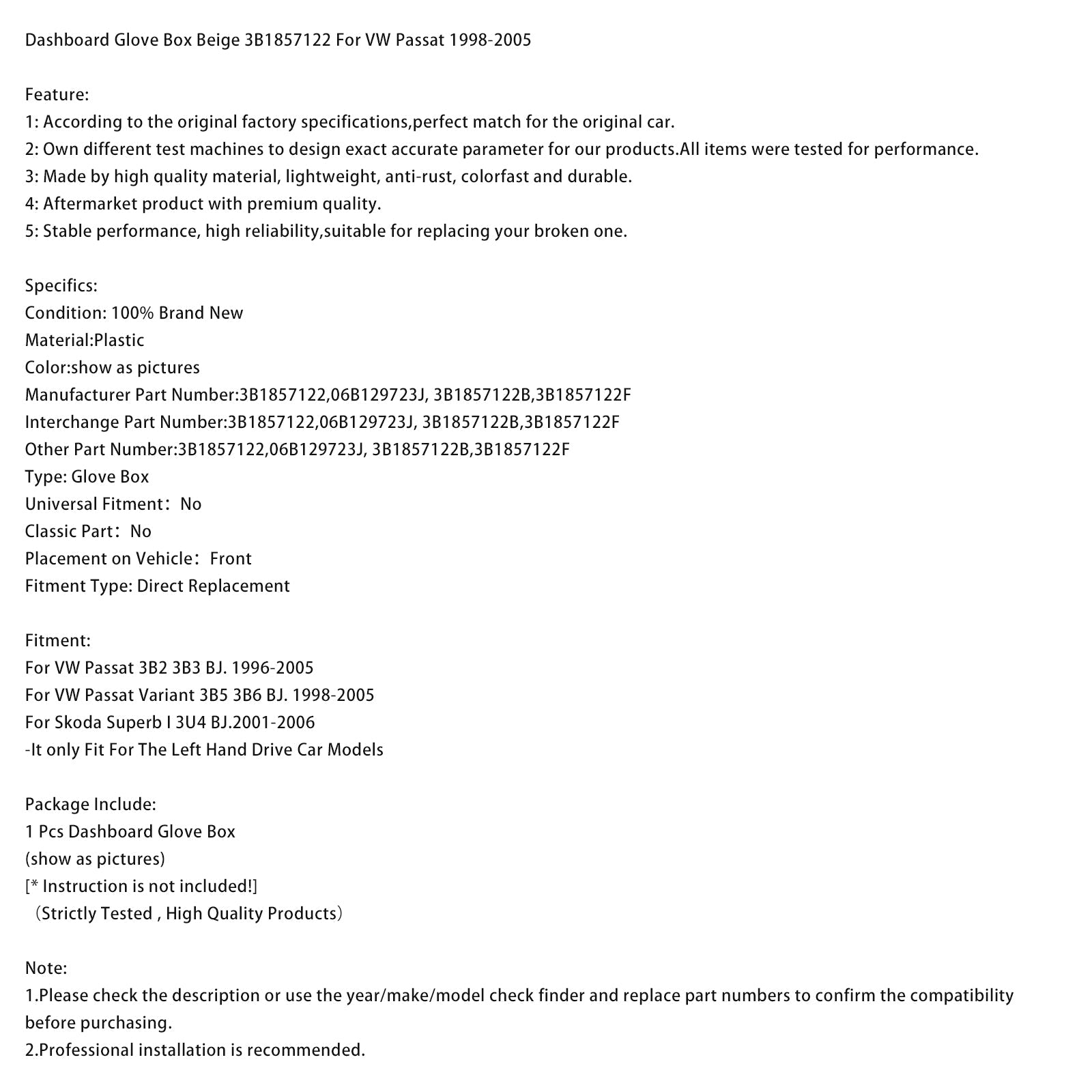 Vano portaoggetti cruscotto beige 3B1857122 per VW Passat 1998-2005