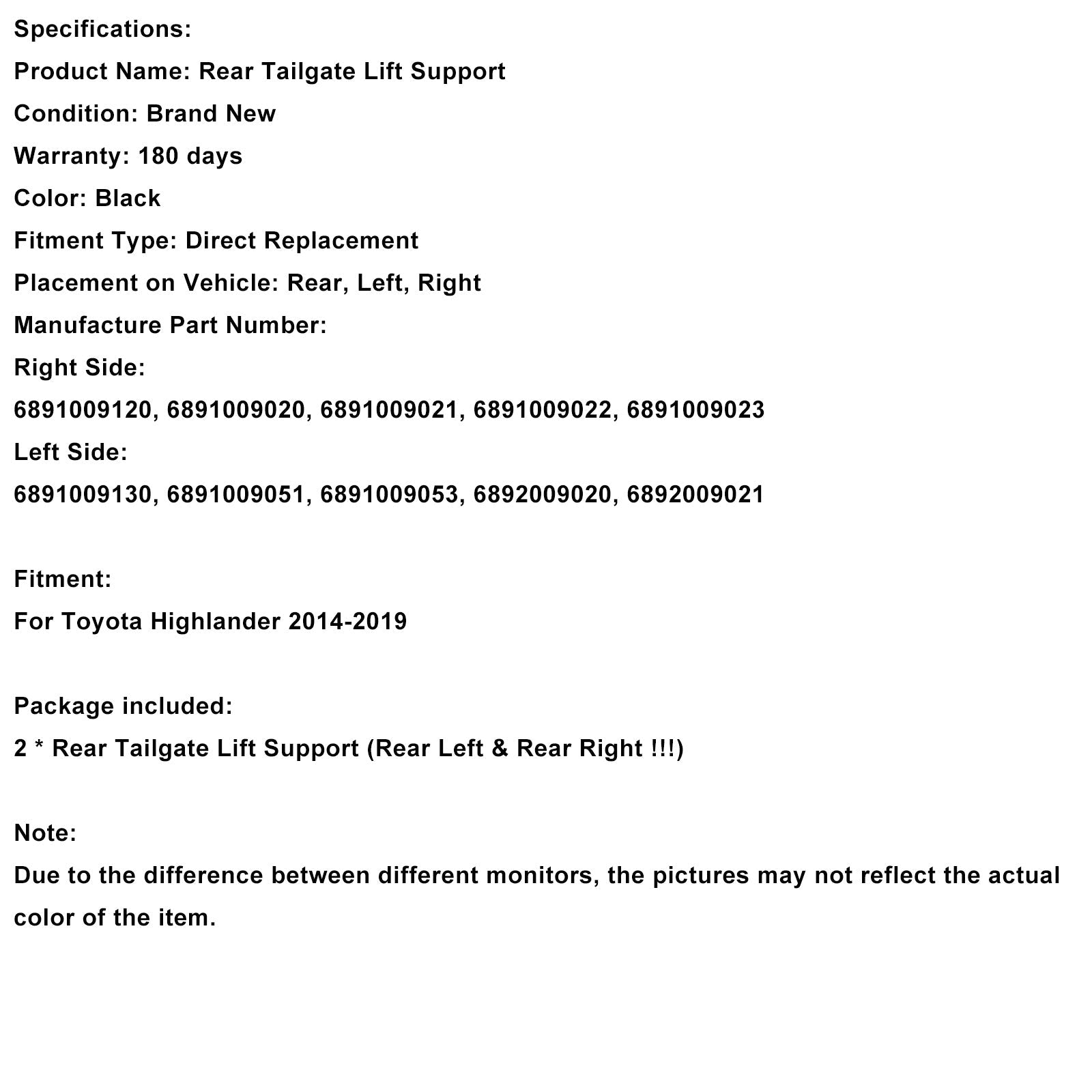 Elektrische achterklepsteun (2 stuks) voor Toyota Highlander 2014-2019, onderdeelnummer 6891009120