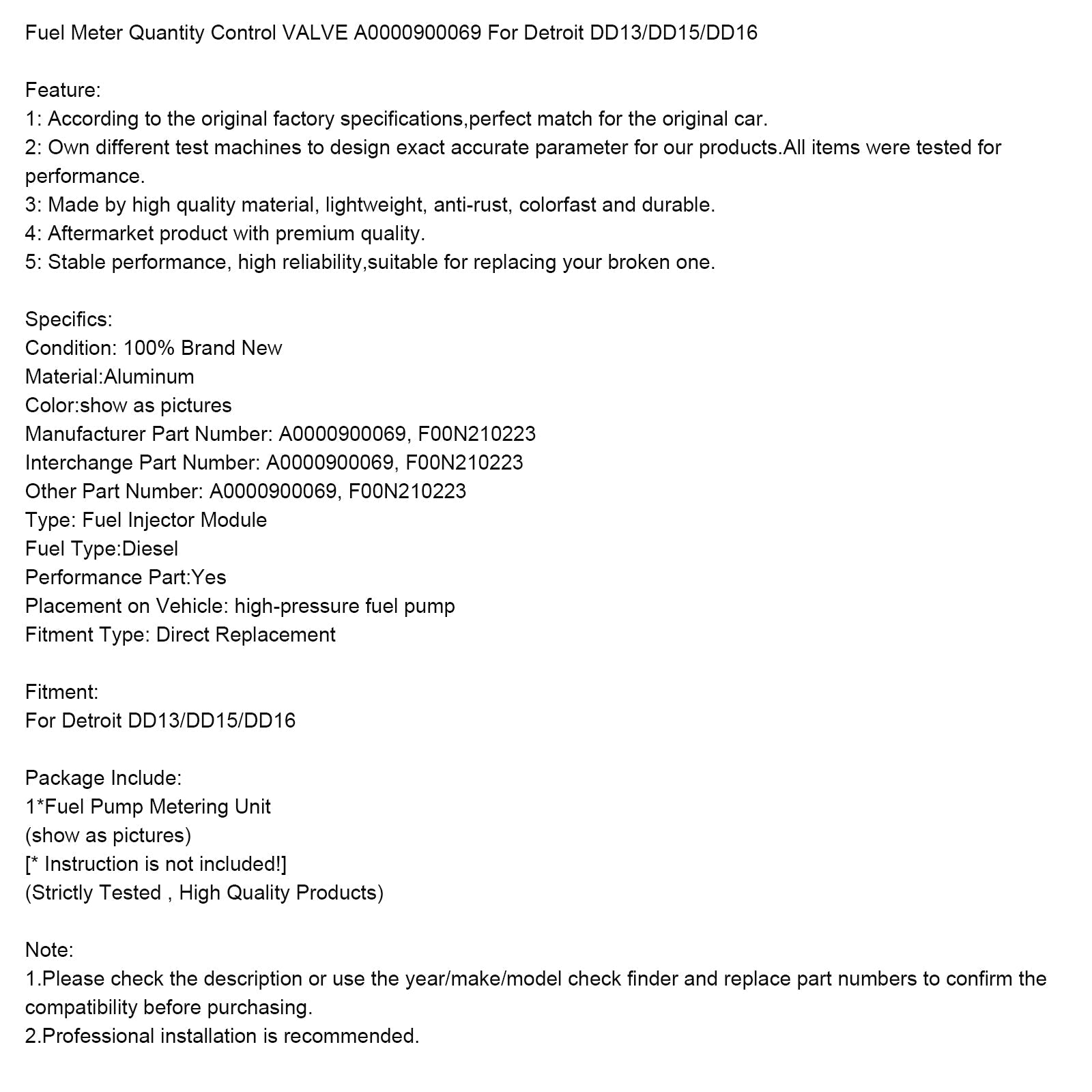 Detroitski ventil za nadzor goriva A0000900069 DD13/DD15/DD16