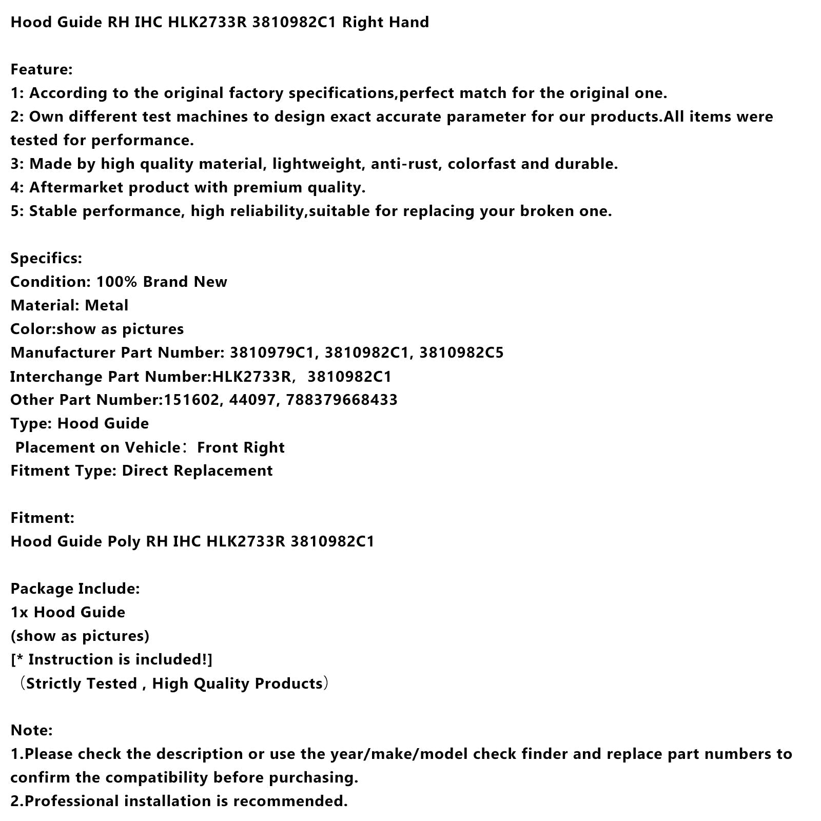 Desno vodilo pokrova motorja IHC HLK2733R 3810982C1 desna stran