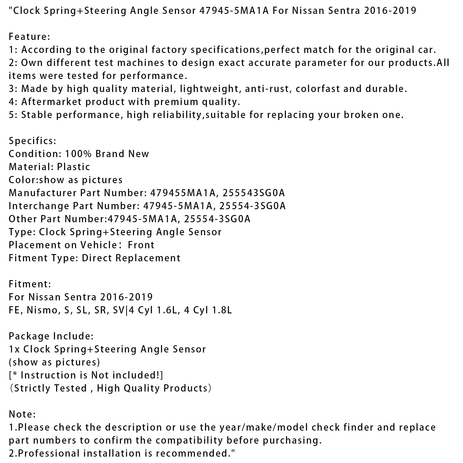 Ohjauskulman anturi ja palautusjousi 47945-5MA1A Nissan Sentra FE, Nismo, S, SL, SR, SV (2016-2019) | 1,6 litran ja 1,8 litran 4-sylinterinen moottori