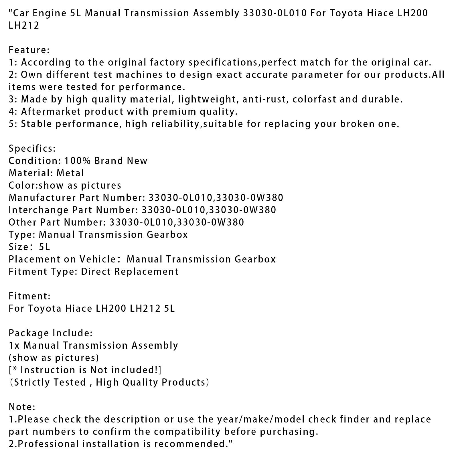 5L auton moottori manuaalivaihteisto 33030-0L010 varten Hiace LH200 LH212