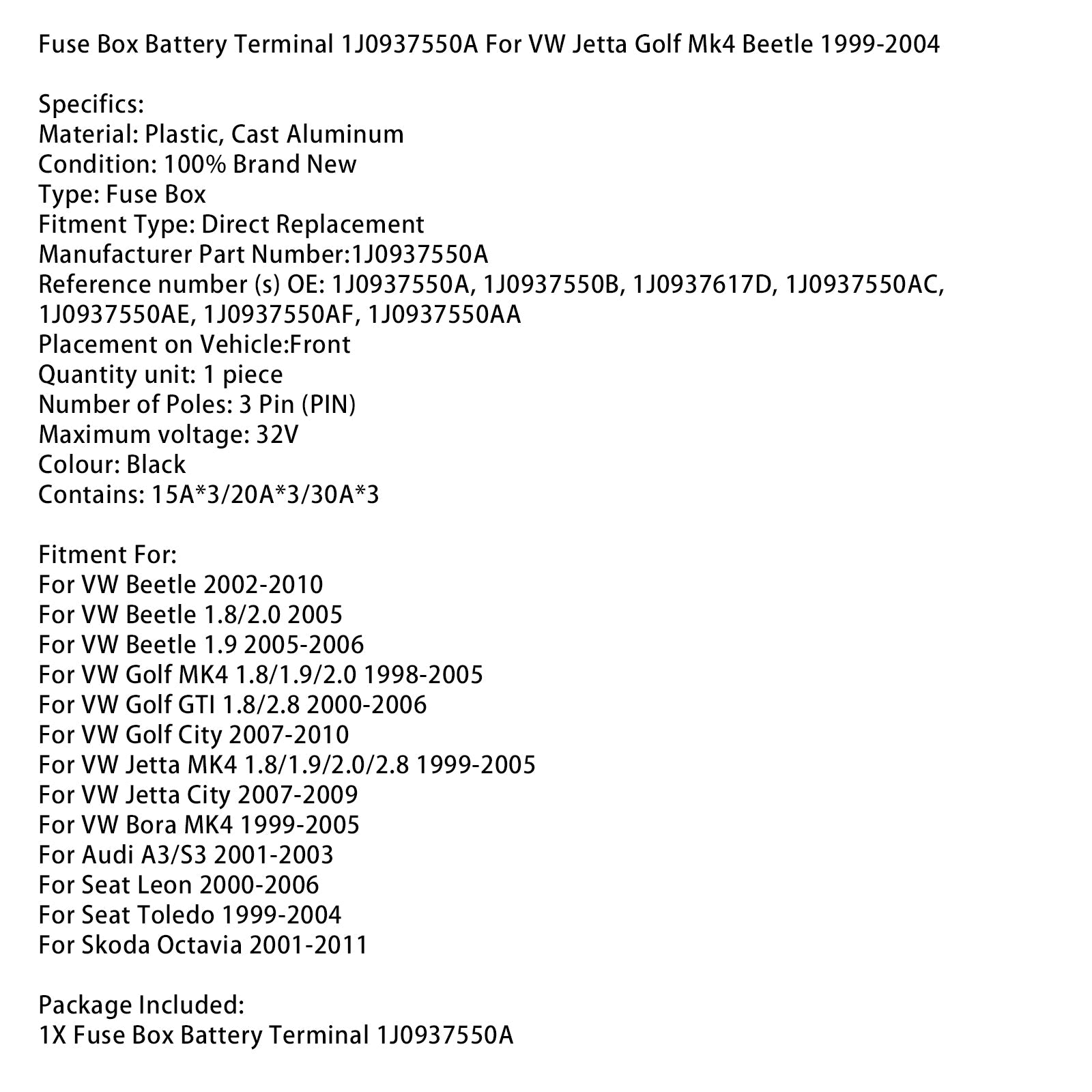 Škatla za varovalke za akumulatorski terminal 1J0937550A za VW Jetta Golf Mk4 Beetle 1999-2004