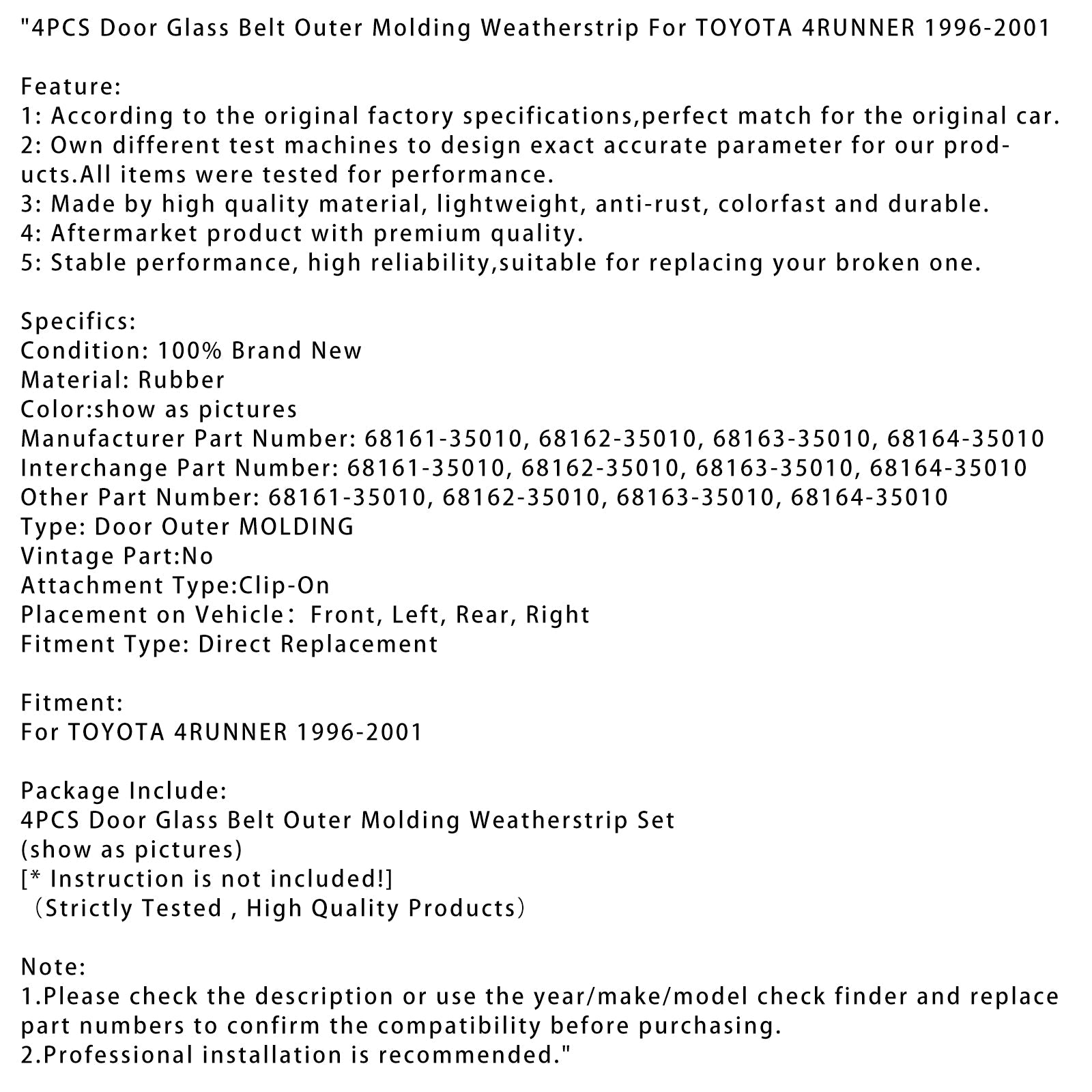 Buitenafdichtingsstrook voor glazen deurgordel, voor Toyota 4Runner 1996-2001, 4 kamers