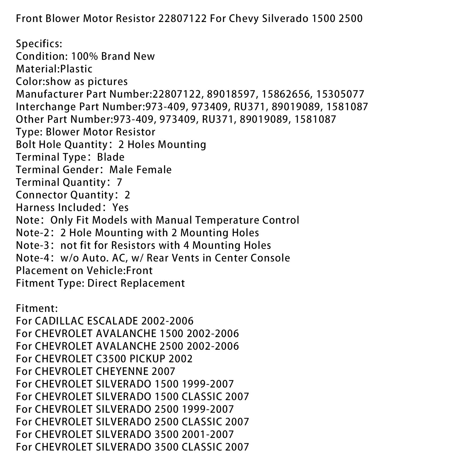 Résistance de moteur de ventilateur avant 22807122 pour Chevy Silverado 1500 2500