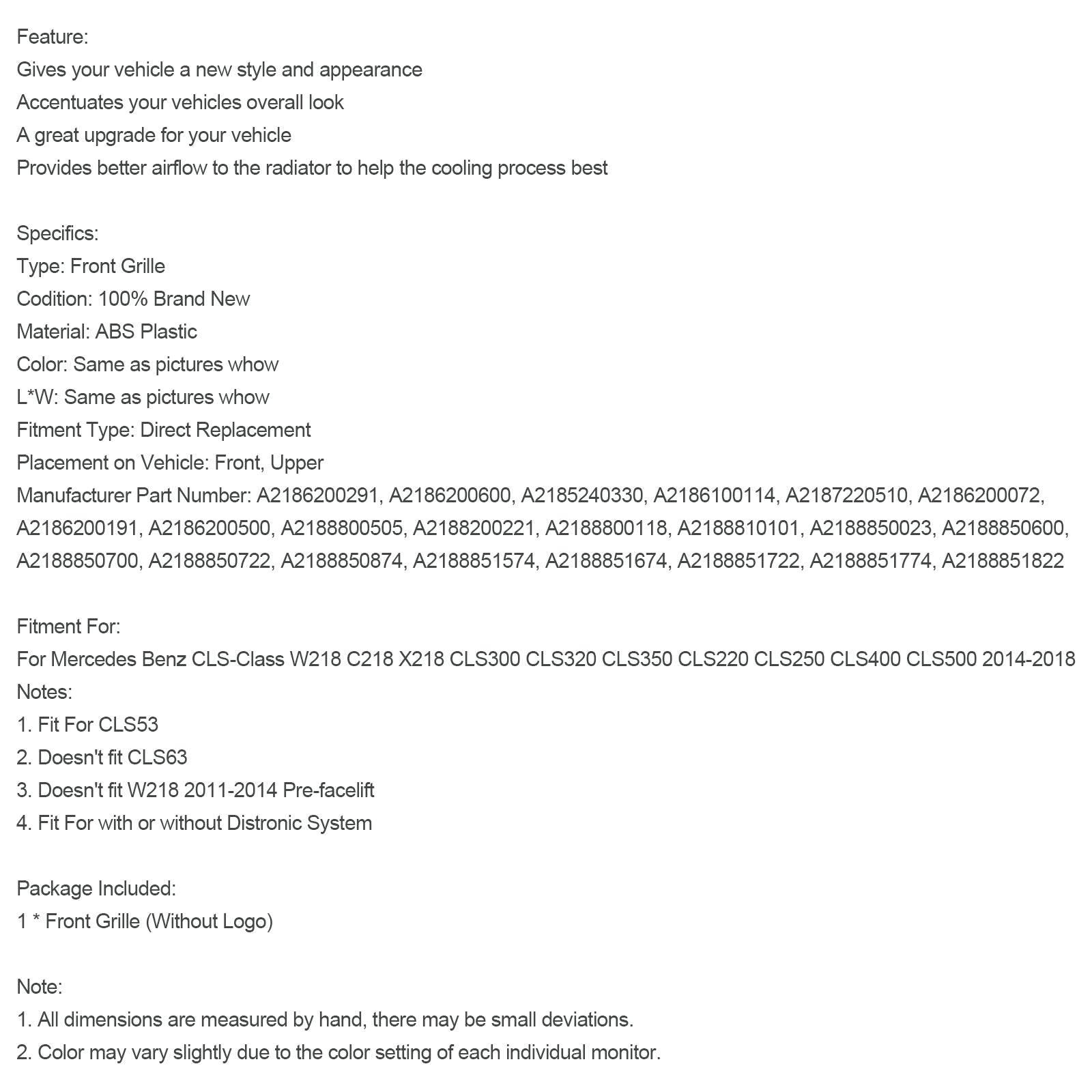 Grille de pare-chocs avant Mercedes Benz Classe CLS W218 CLS350 2015-2018