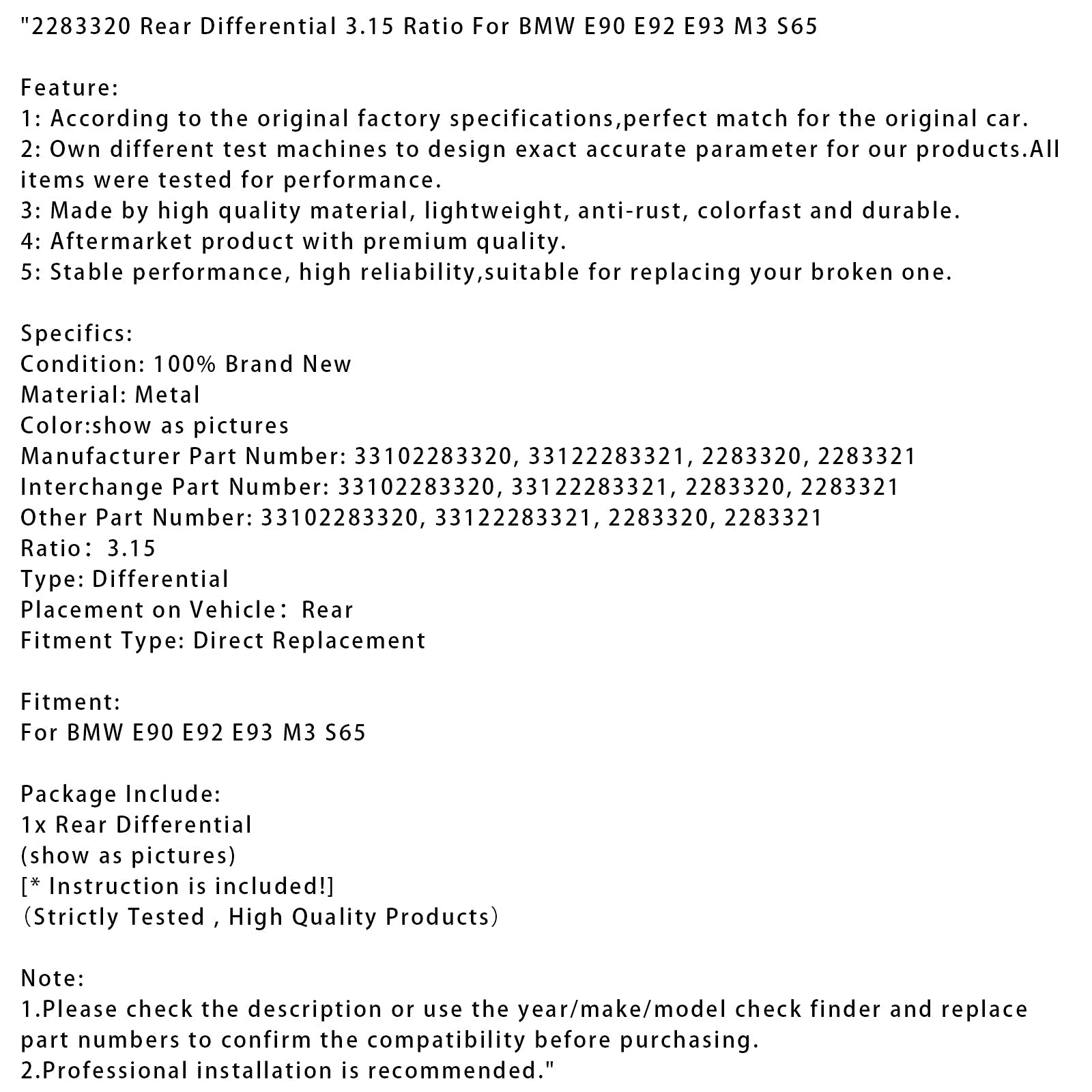 Achter differentieel BMW E90 E92 E93 M3 S65, rapport 3.15, 2283320
