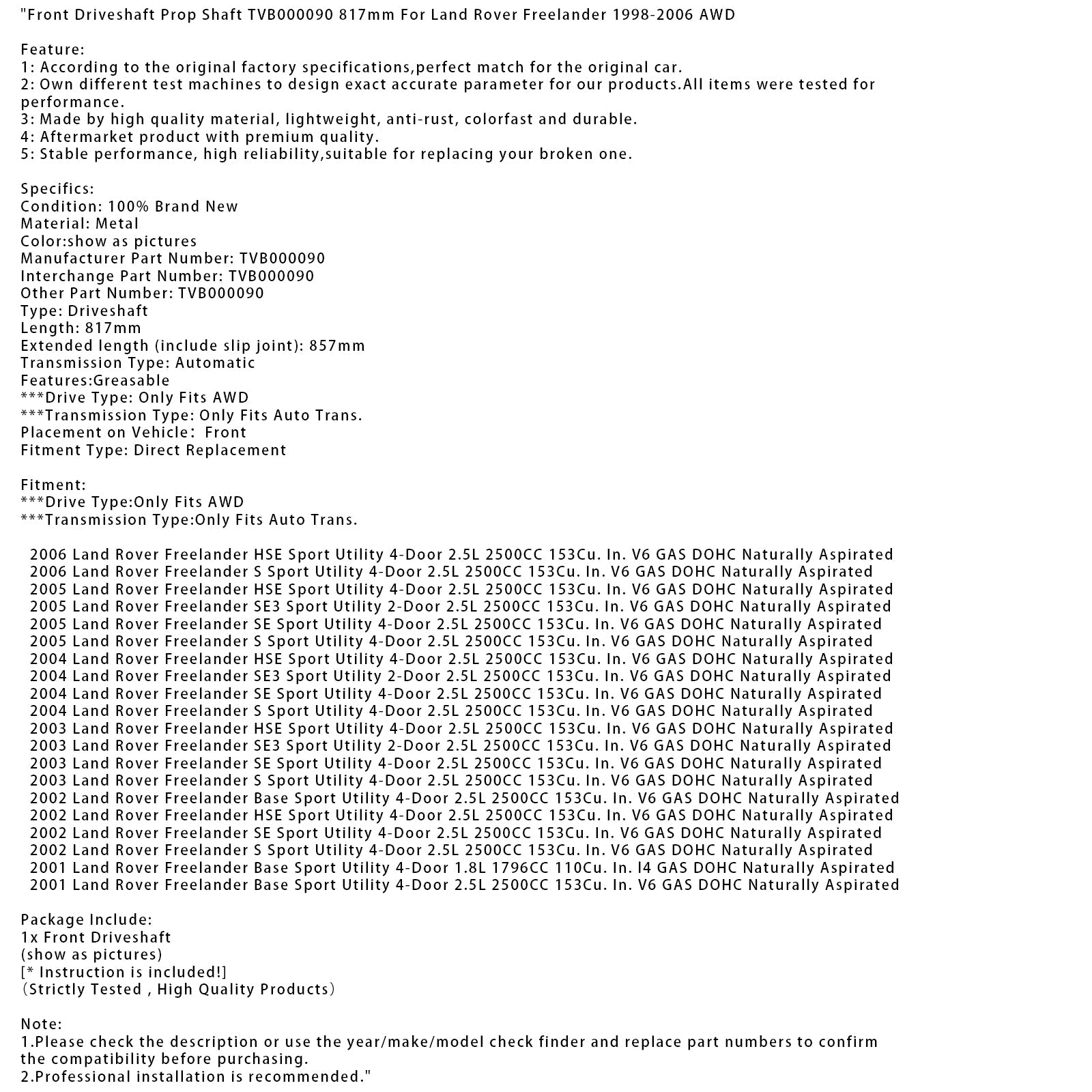 TVB000090 817 mm Przednie drzewo transmisji dla Land Rover Freelander AWD 1998-2006