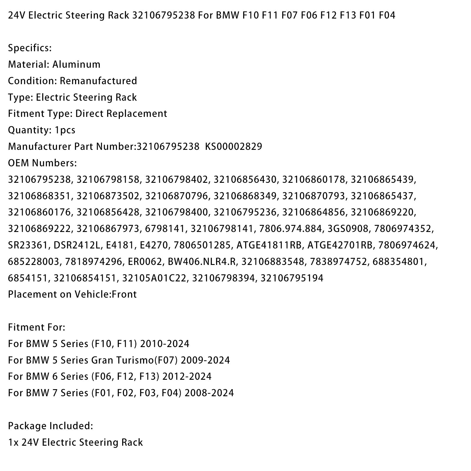 Cremallera de dirección eléctrica de 24 V para BMW Serie 6 (F06, F12, F13) (2012-2024) - Números de pieza :32106795238 y 32106798402