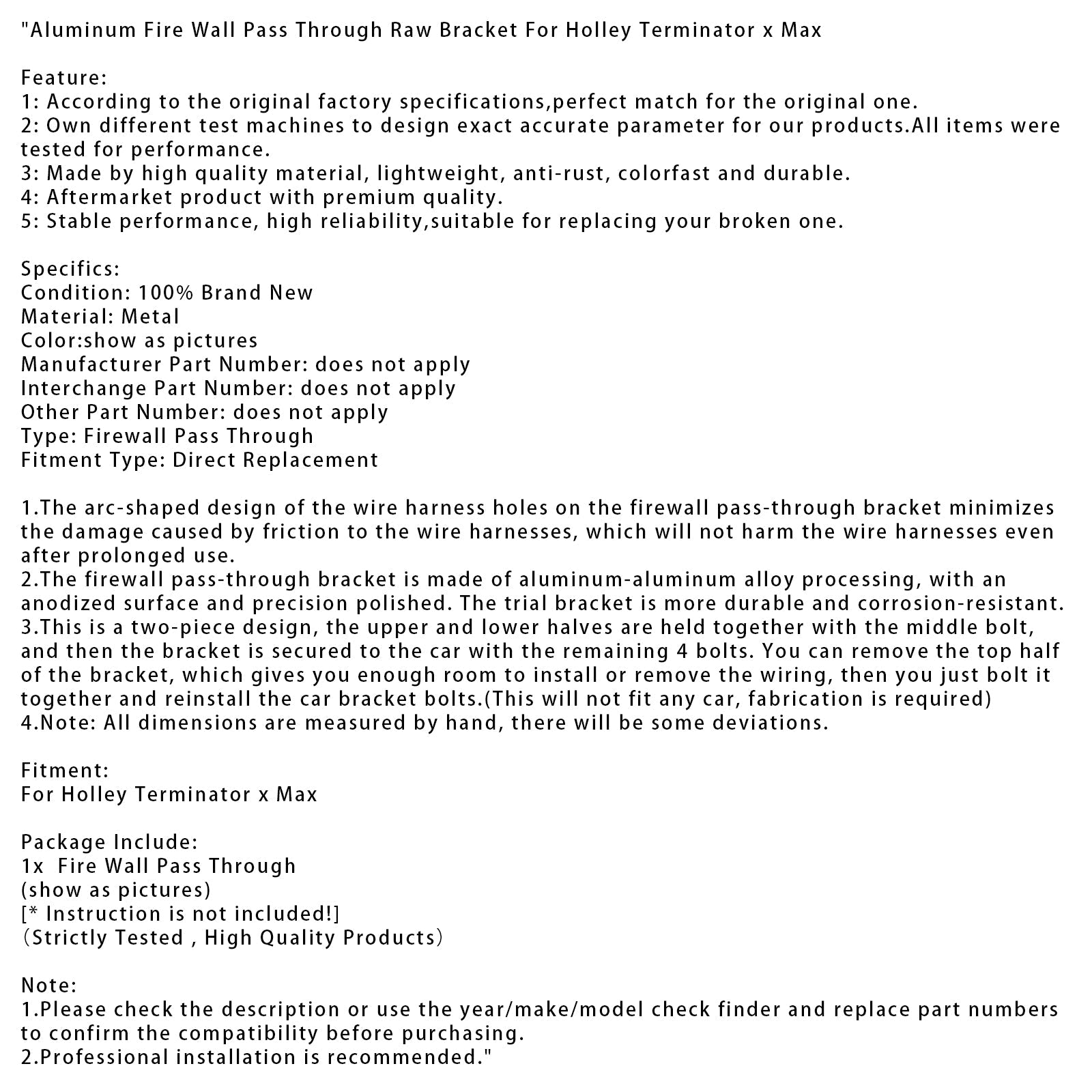 Supporto per attraversare il firewall in alluminio Holley Terminator x Max